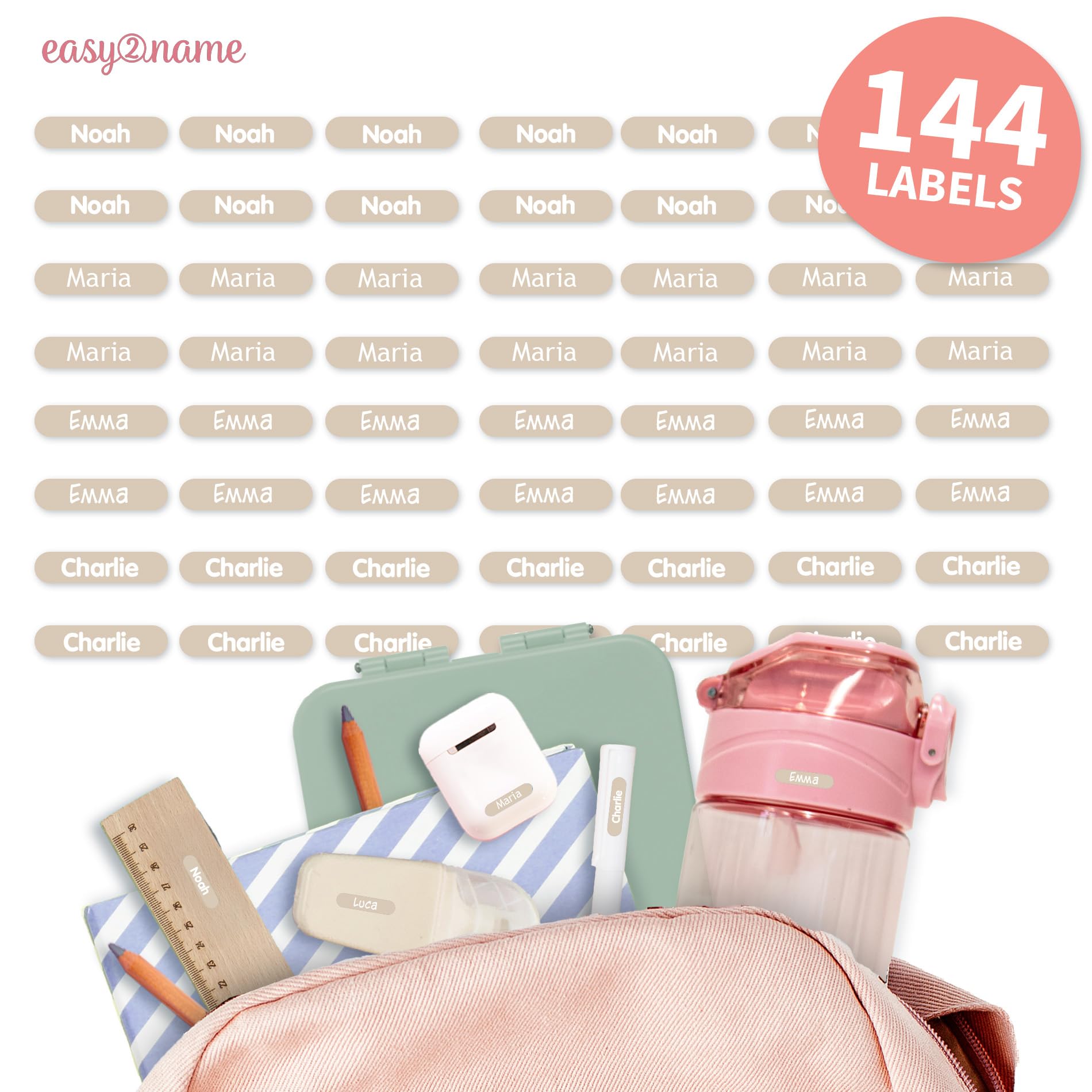 Easy2Name - Personalised mini XS Name Labels - Waterproof Name Stickers for Children and Adults - Ideal as Name Stickers in The Office, Workshop or School - 20x4mm - Coloured (Sand, 144)