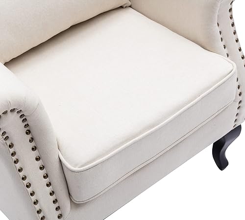 Miniatura 5 de Janoray Silla decorativa moderna de mediados de siglo, sillón tapizado de tela de lino cómodo sofá individual con respaldo copetudo para espacios