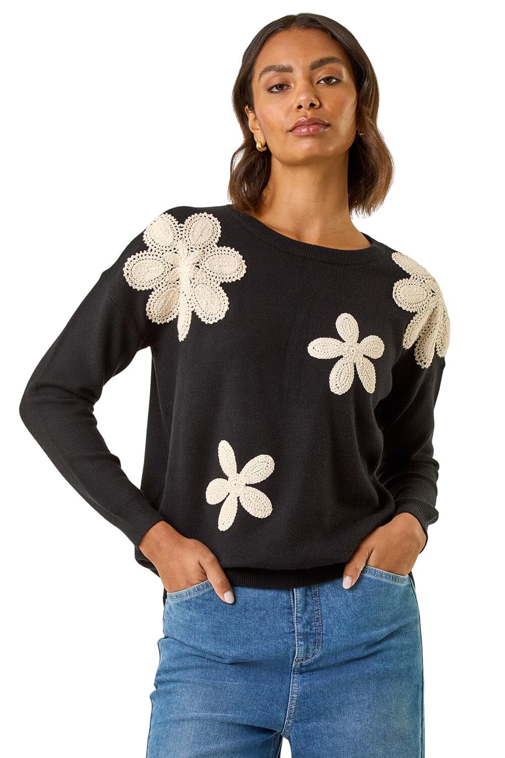 Roman Women's Floral Lace Knit Jumper in Black | Size: 14