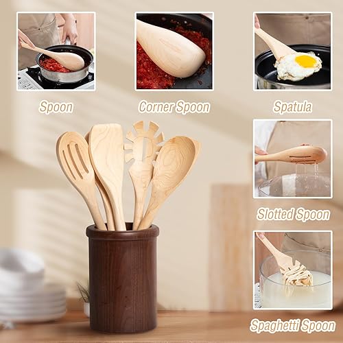 Miniatura 3 de GinSent Cucharas de madera para cocinar, cucharas de madera de agarre cómodo de 14 pulgadas, 5 utensilios de cocina de madera para agitar, raspar,