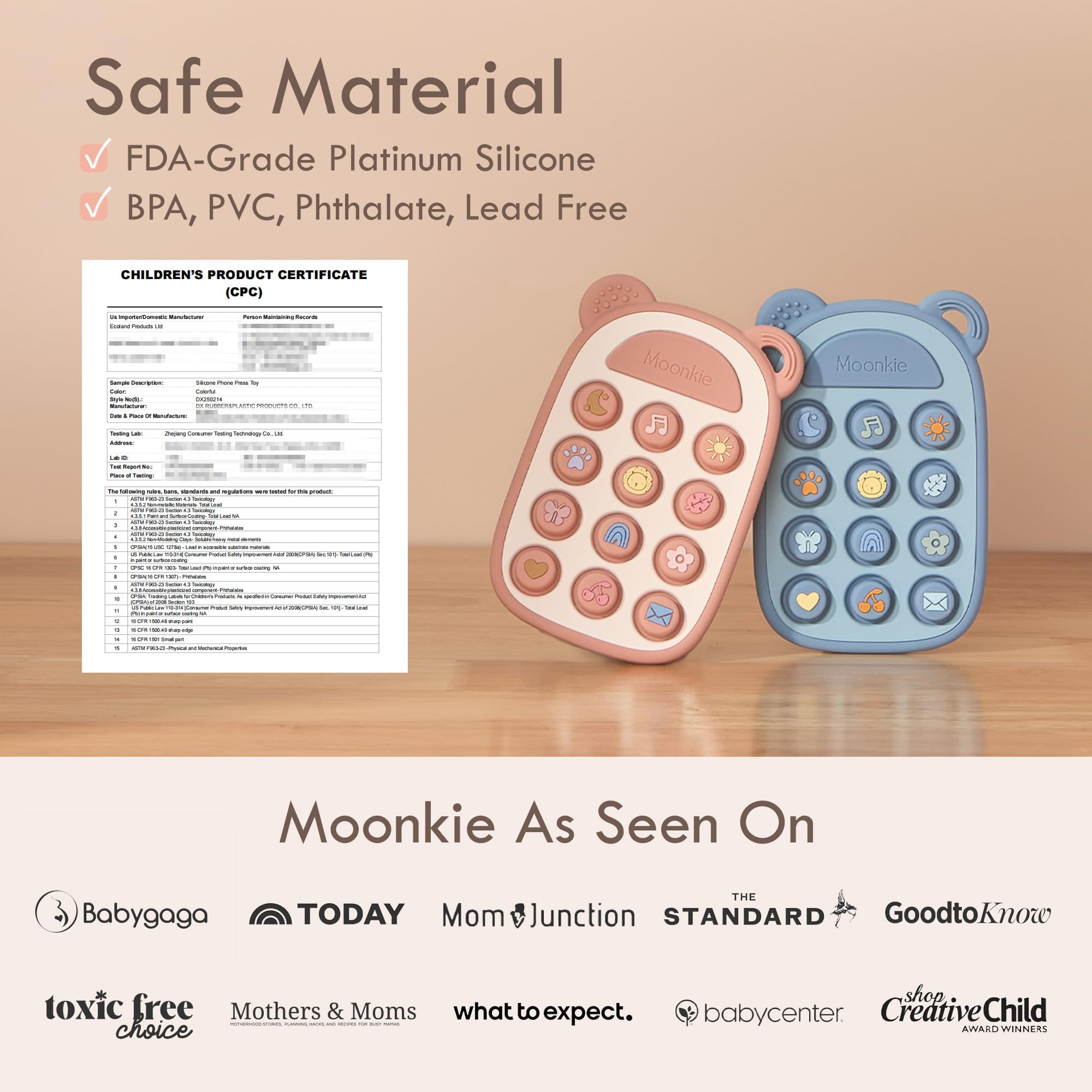 Moonkie Giochi Dentizione Neonato, Telefono in Silicone per 3 Mesi+, Giochi Bambini Pop It, Senza BPA, Giochi Montessori, Massaggia Gengive Neonati, Regalo Neonato Maschio & Femmina(Blush)