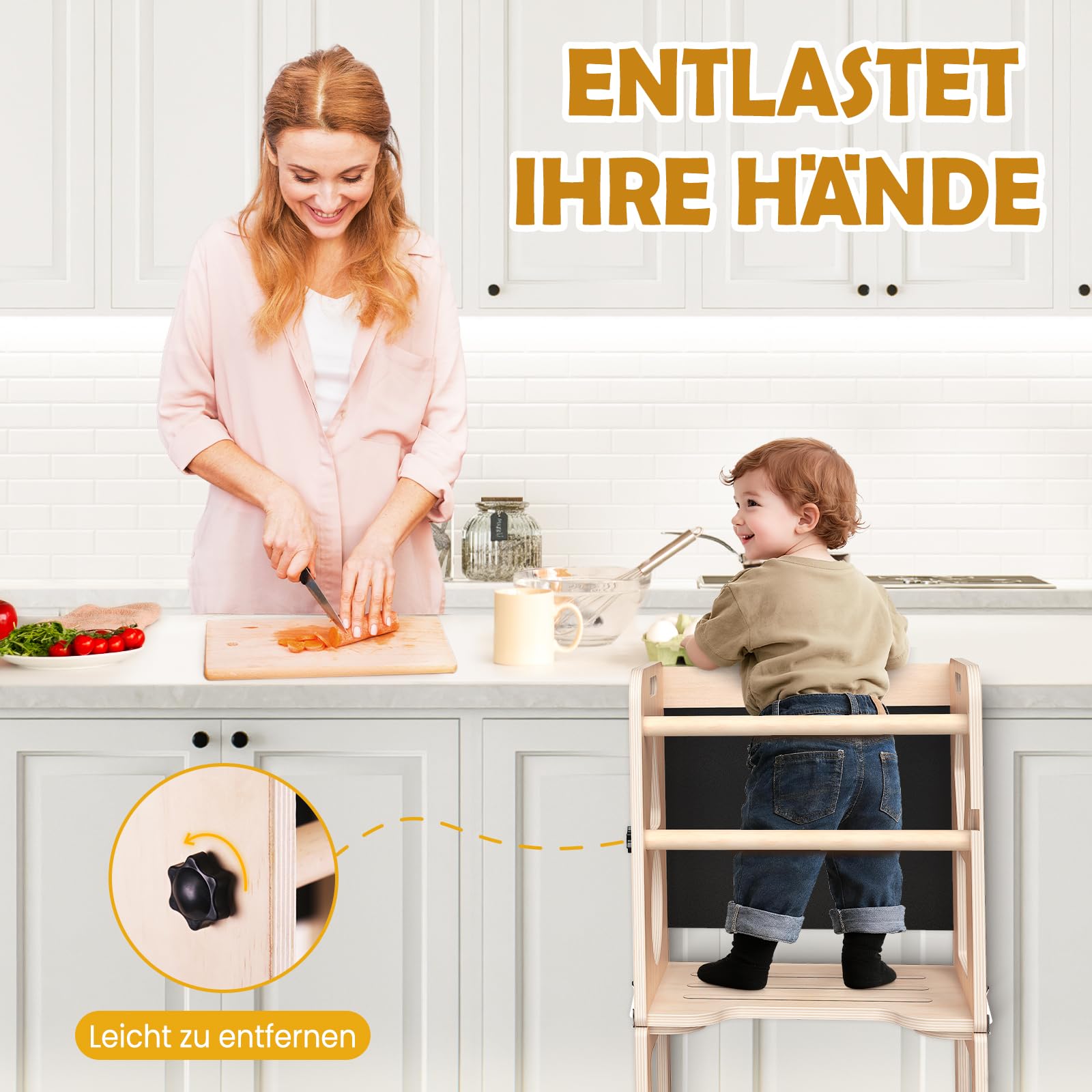 Woodure Lernturm ab 1 Jahr | 3 in 1 Learning Tower für Kinder | Klappbare Tritthocker mit Tafel | Lernturm Für Kinder, für Küche Tisch Bad