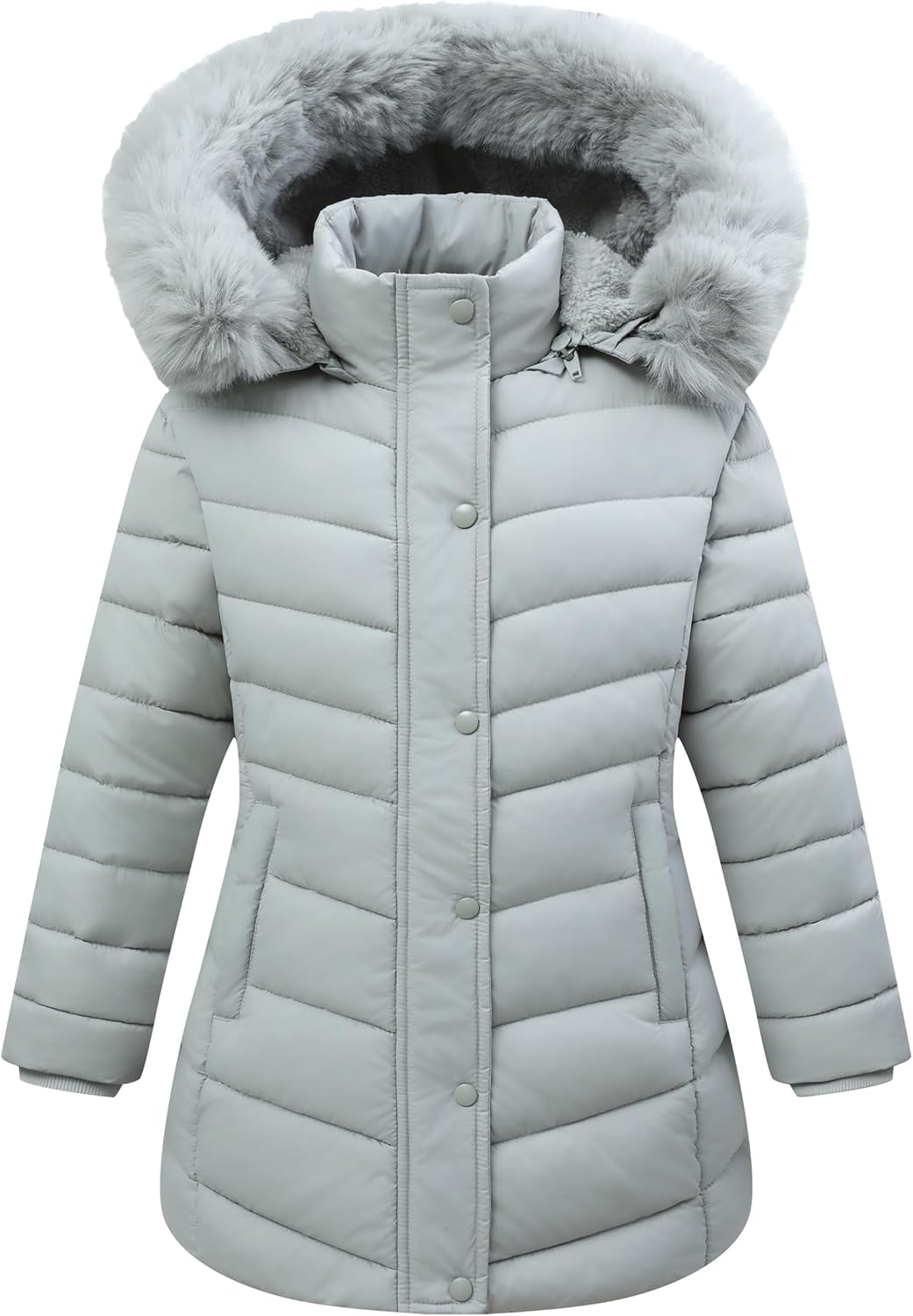 Girls Long Puffer Jacket with Faux Fur Hood,Winter Warm Down Coat for Kids Outerwear