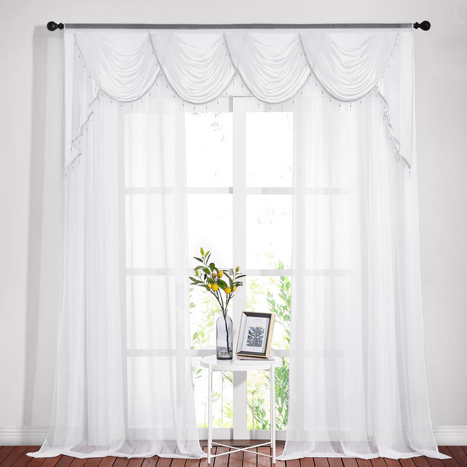 NICETOWN 2 Panels 54" x 135" Grommet White Sheer Curtains with 1 Piece Rod Pocket 98" x 40" White Waterfall Sheer Valance