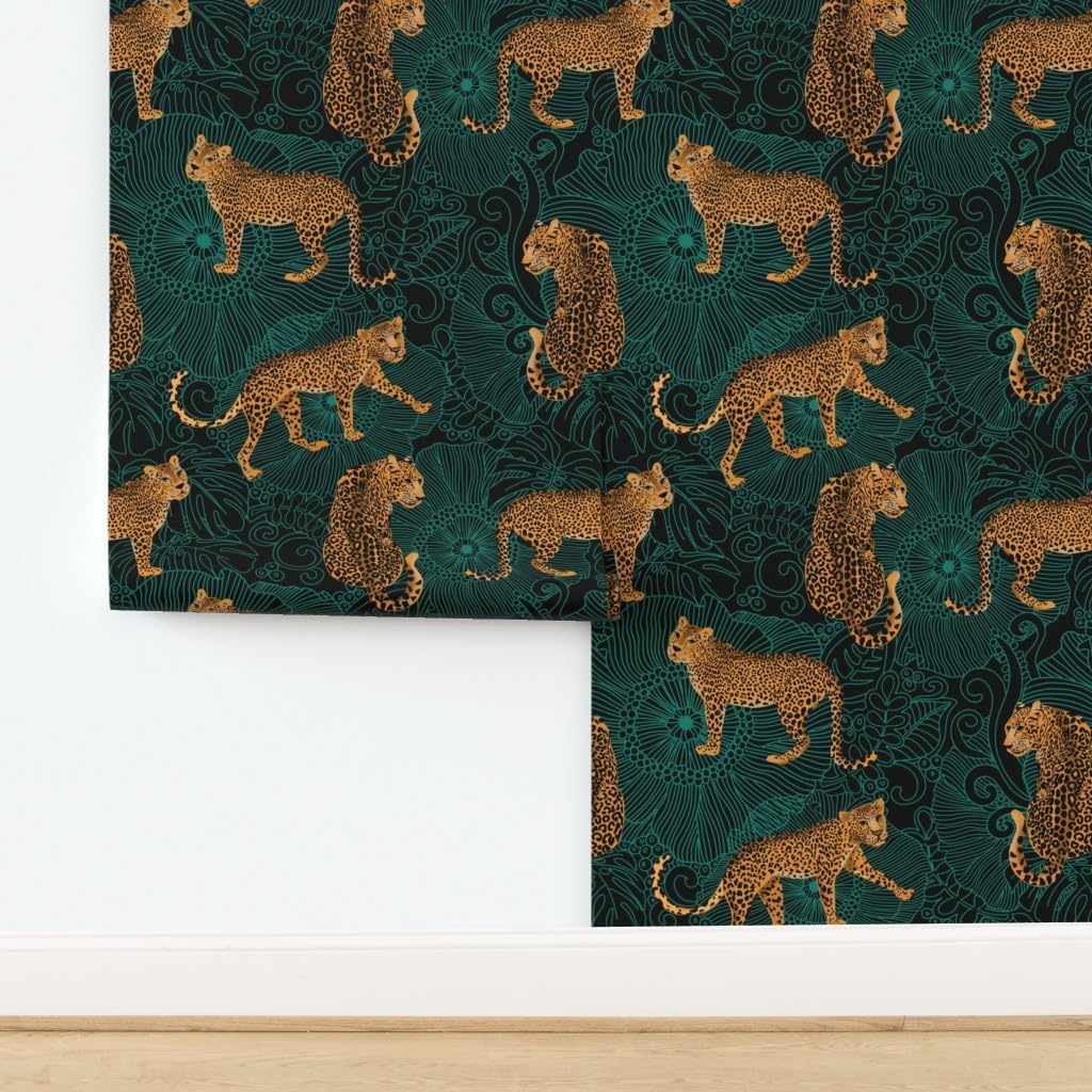 Spoonflower Peel & Stick Wallpaper Swatch - Leopard Exotic Jungle Black Green Animal Africa Cheetah Tiger Custom Removable Wallpaper