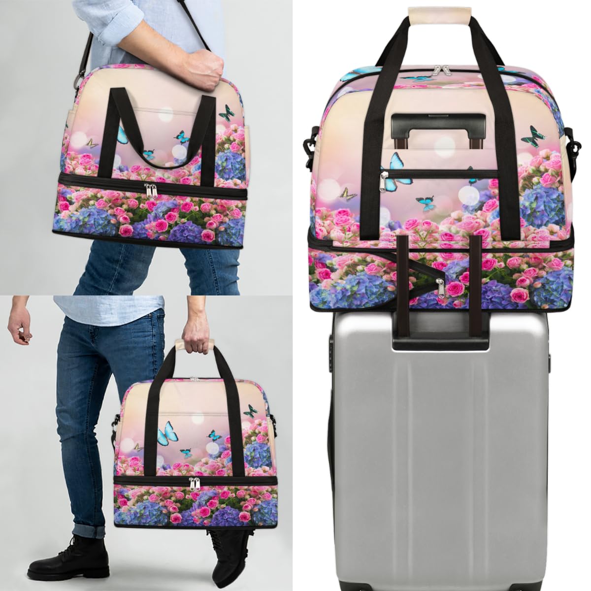 Bolsa de viaje plegable con diseño de rosas, flores, mariposas, 47 l, bolsa de fin de semana con funda para carrito de transporte, bolsa de hombro separada para deportes, gimnasio, viajes, multicolor,