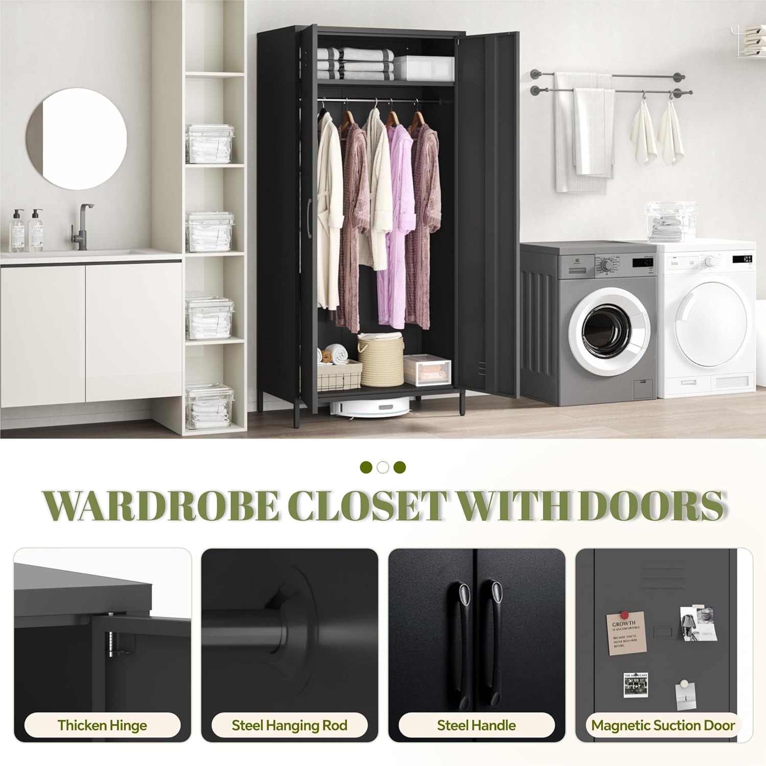 Armoire Wardrobe Closet, Metal Storage Clothes Cabinets Locker with Doors Tall Freestanding Armoire Wardrobes for Bedroom Hanging Clothes, Heavy Duty, Black