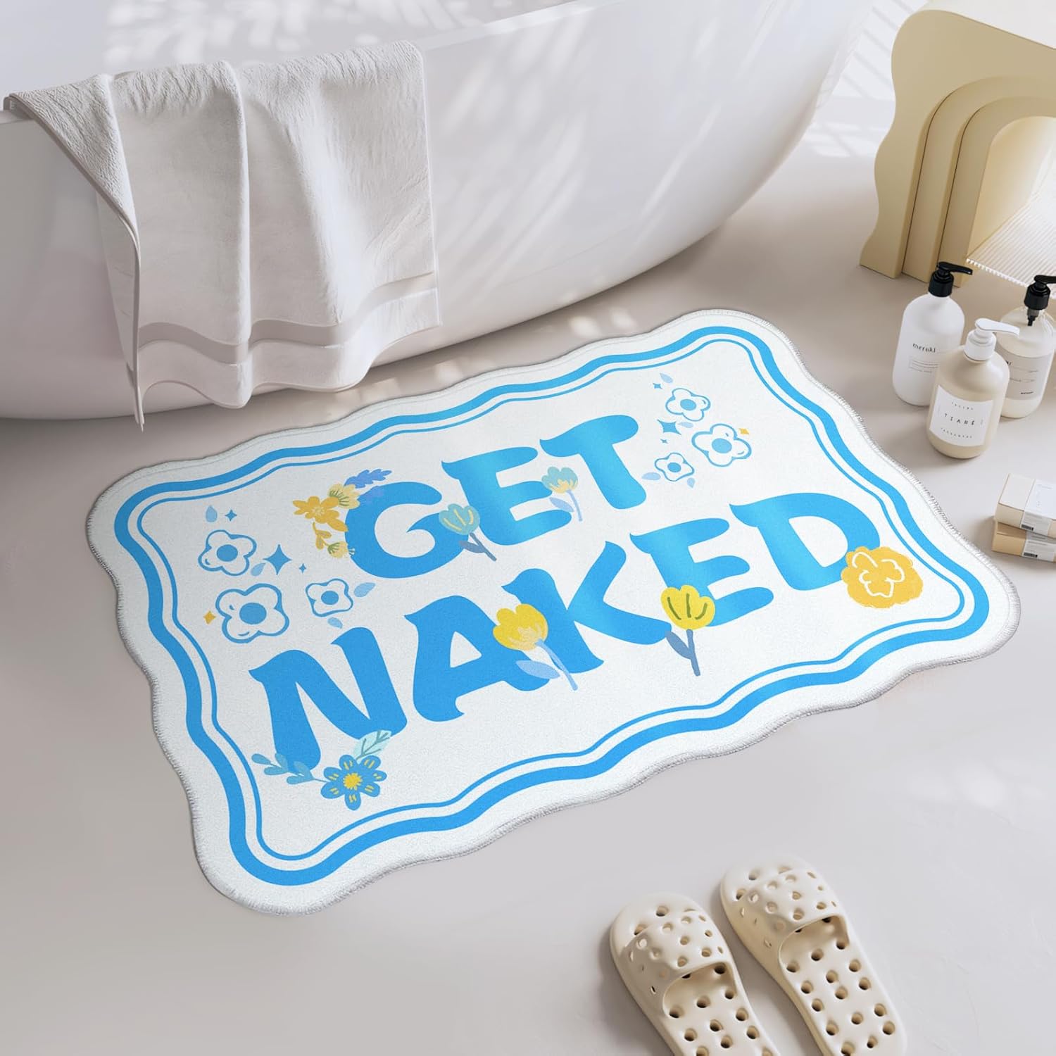 Get Naked Bath Mat, Scalloped Blue Ultra Thin Soft Non Slip Absorbent Machine Washable Bathroom Runner Rug, Large Long Quick Dry Low Pile Fluffy Cute Funny Bath Rugs for Bathroom Floor