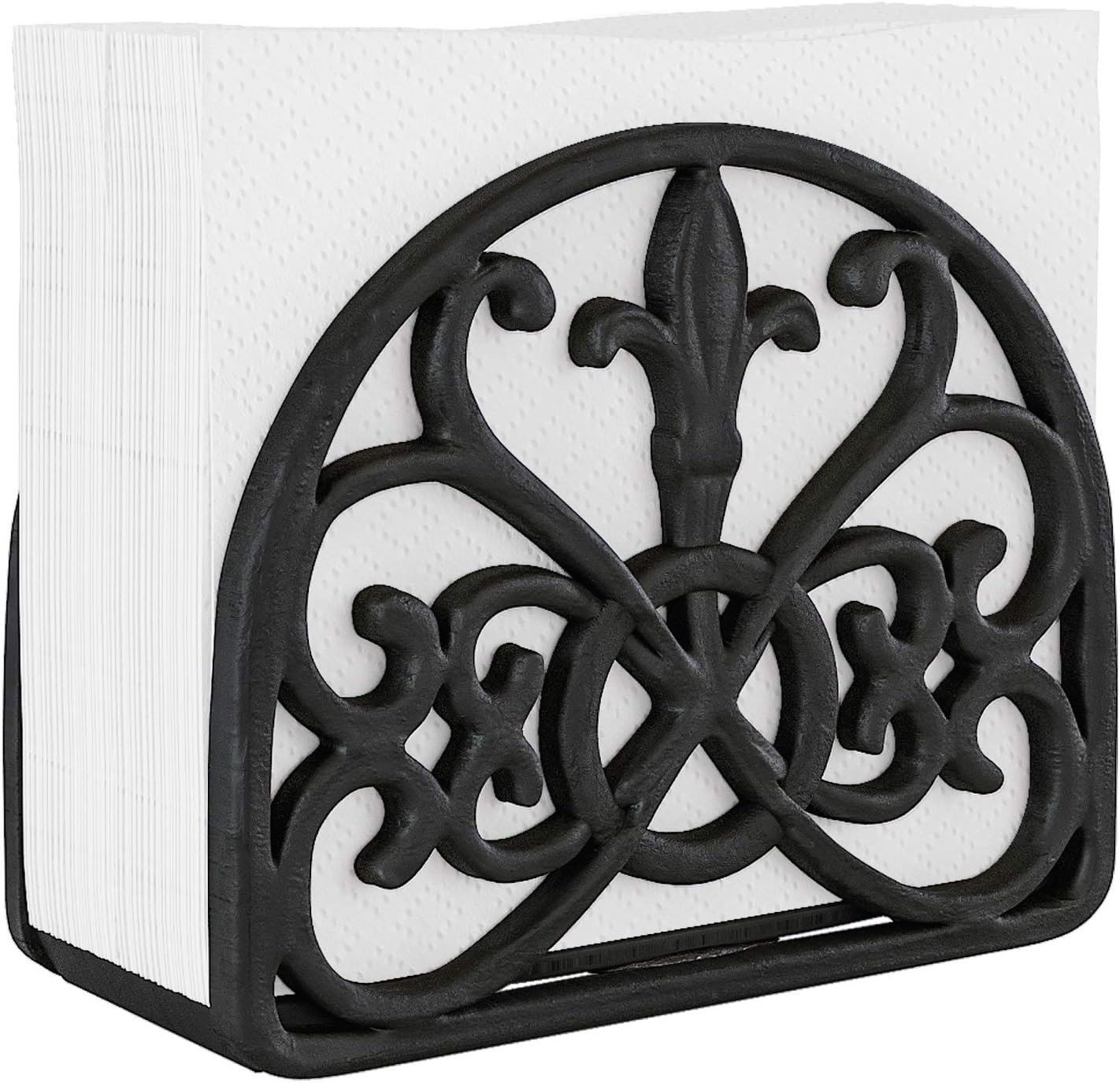 Home Intuition Fleur De Lis Collection Standing Cast Iron Napkin Holder, Weighted Design, Matte Black