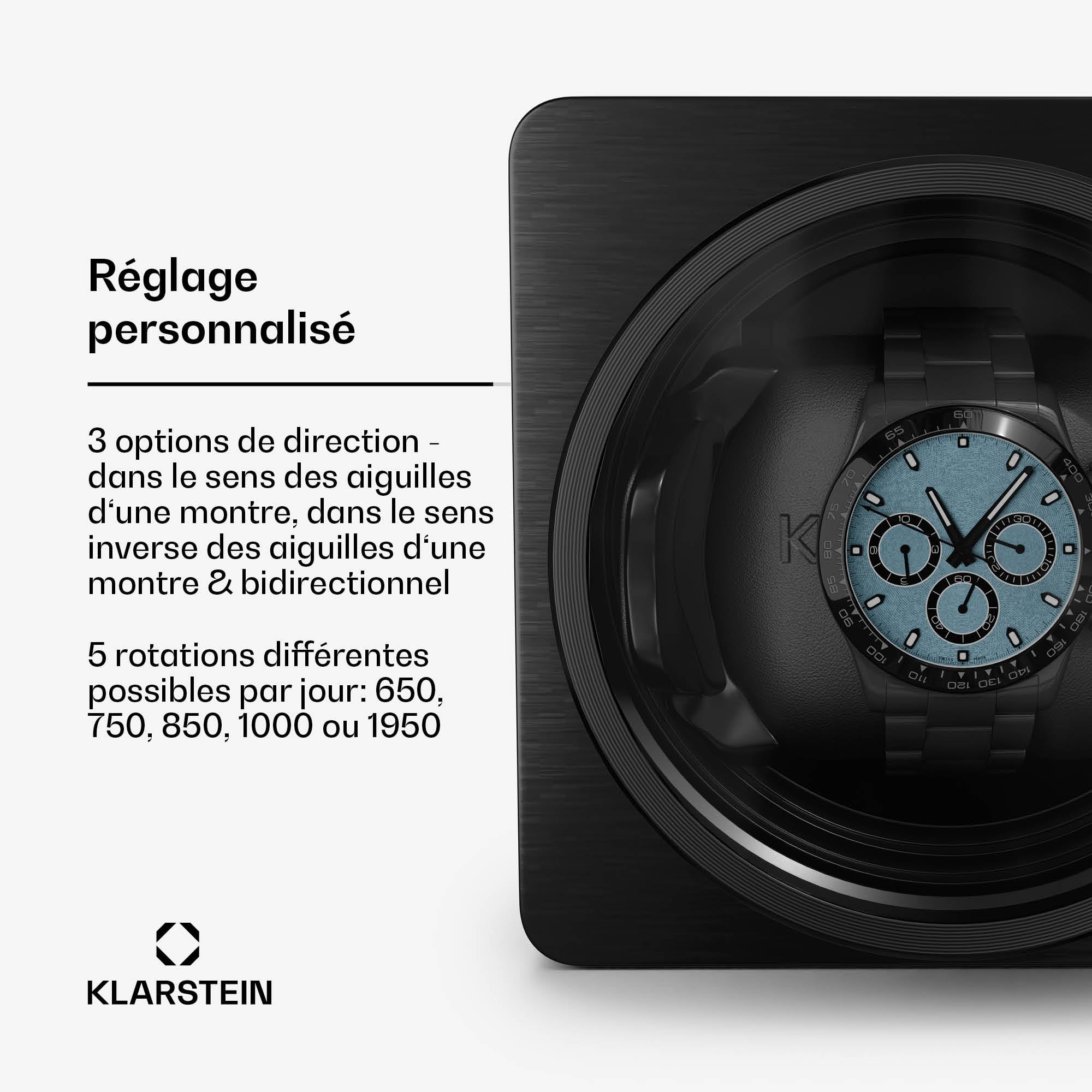 KLARSTEIN TimeSync Remontoir de Montre Automatique - Cuir végétalien & Verre trempé, Moteur Silencieux Mabuchi, 5 TPD, Alimentation Secteur/Piles, Noir - boîte Remontoir pour Montre