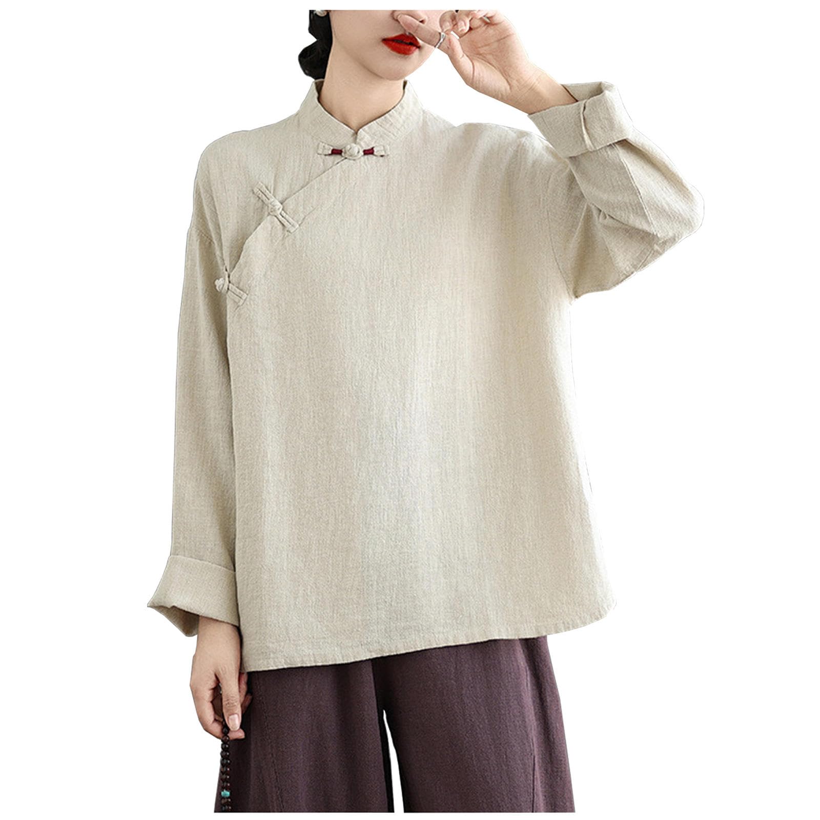 Damen Kung-Fu-Anzug aus Baumwolle und Leinen, Chinesische Kampfkunst-Uniform, Meditationsanzug, Langärmeliges Hemd und Hose,Apricot-XXL