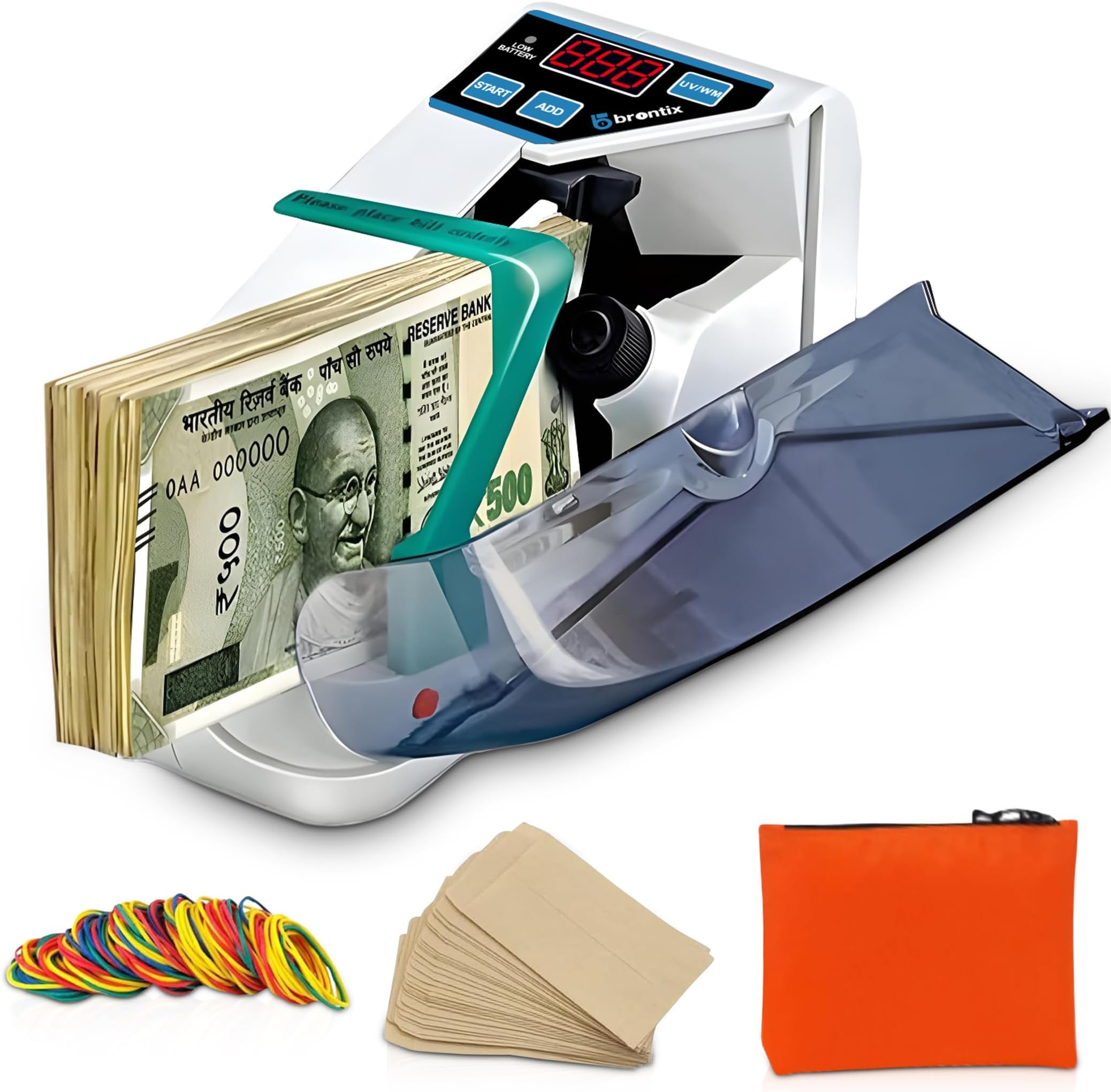 BRONTIX P-100 Money Counting Machine Mini | LED Display Note Counting Machine Cash Counter Machine Mini with UV/WM Detection, Auto Shut-Off Currency Counting Machine for Home (Portable Bundle)