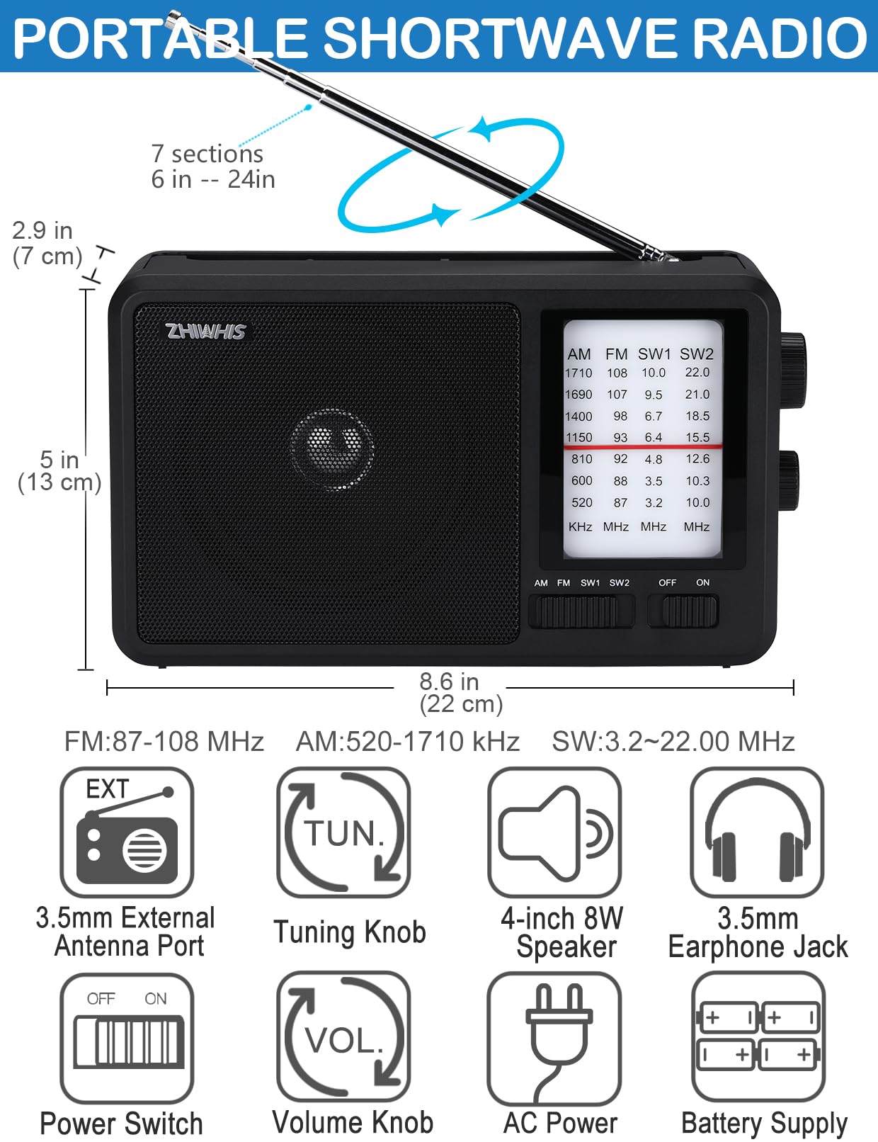 ZHIWHIS Shortwave Radio, AM FM SW Hand-held Radio, Portable Receiver by 4 AA Batteries, 4 inch Large Speaker, External Antenna Port, for Home ZWS-206 Indicative Style