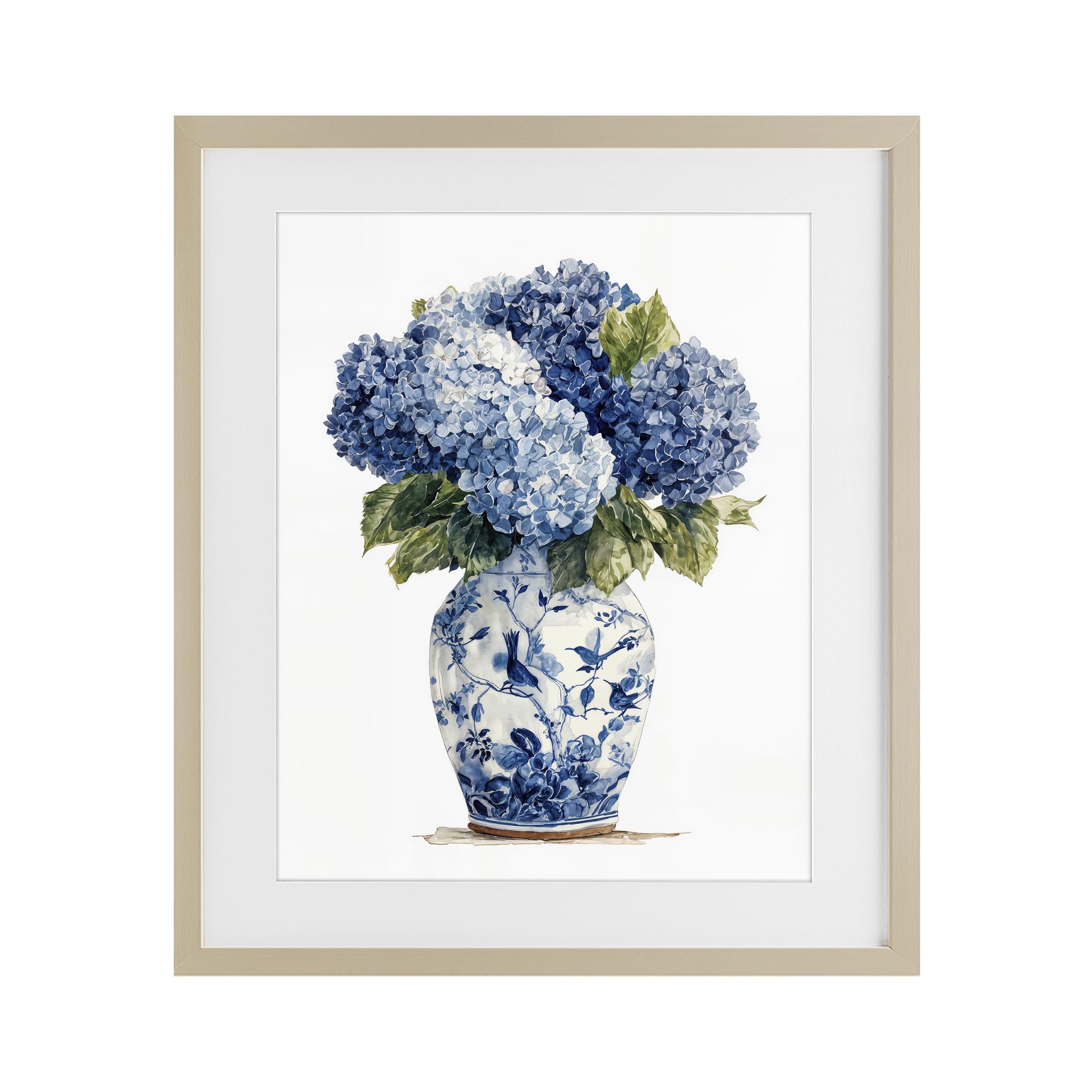 Stupell Industries Harvest Pine (Textured) Blue Hydrangeas In Porcelain Floral, 17 X 21 Inch Framed Print Under Glass