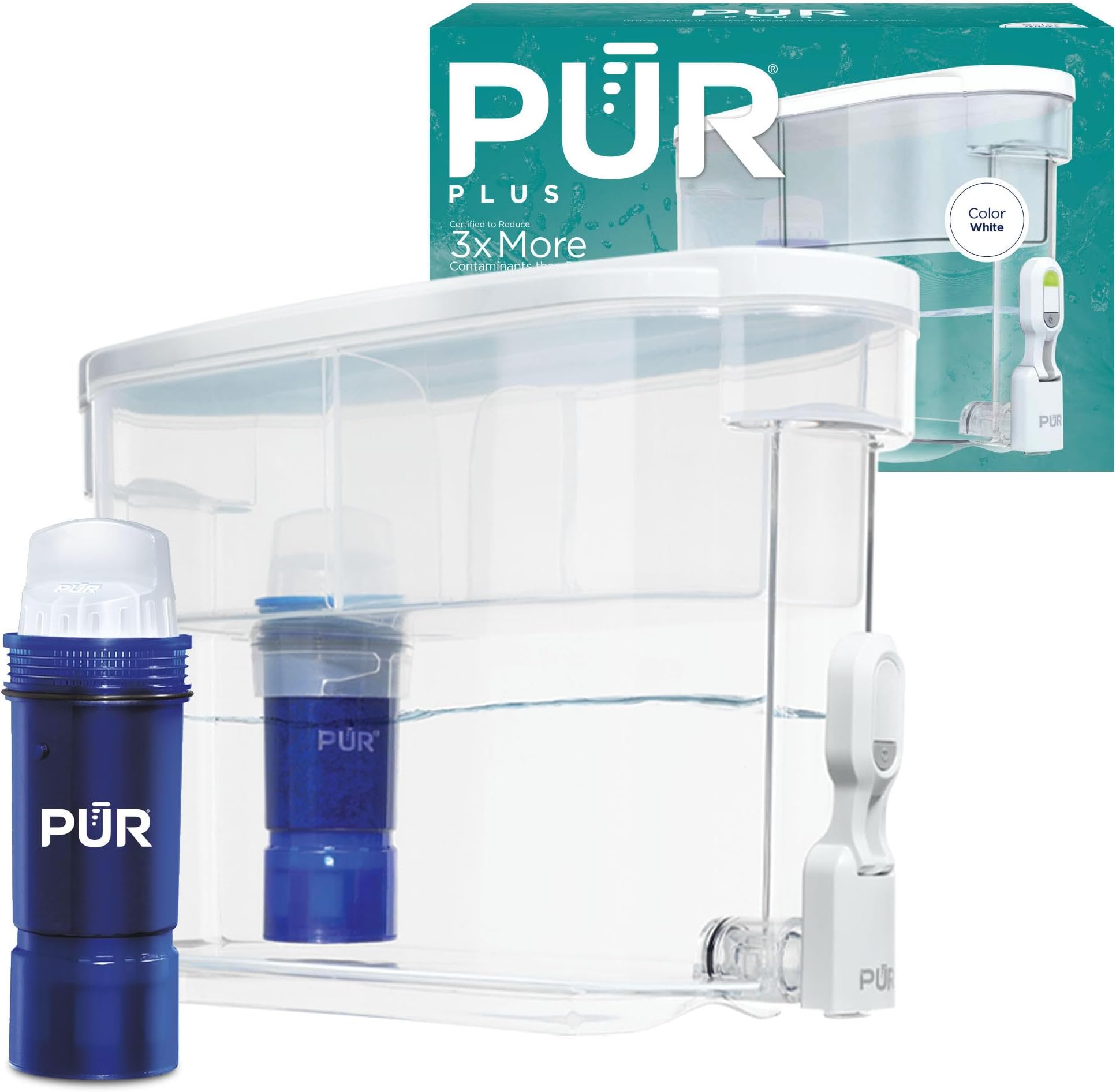 PLUS 30-Cup Water Filter Dispenser with 1 Lead-Reducing PUR PLUS Filter, Dishwasher Safe, Powerful Filtration, Large Capacity with Slim, Space-Saving Design, White (DS1811Z)