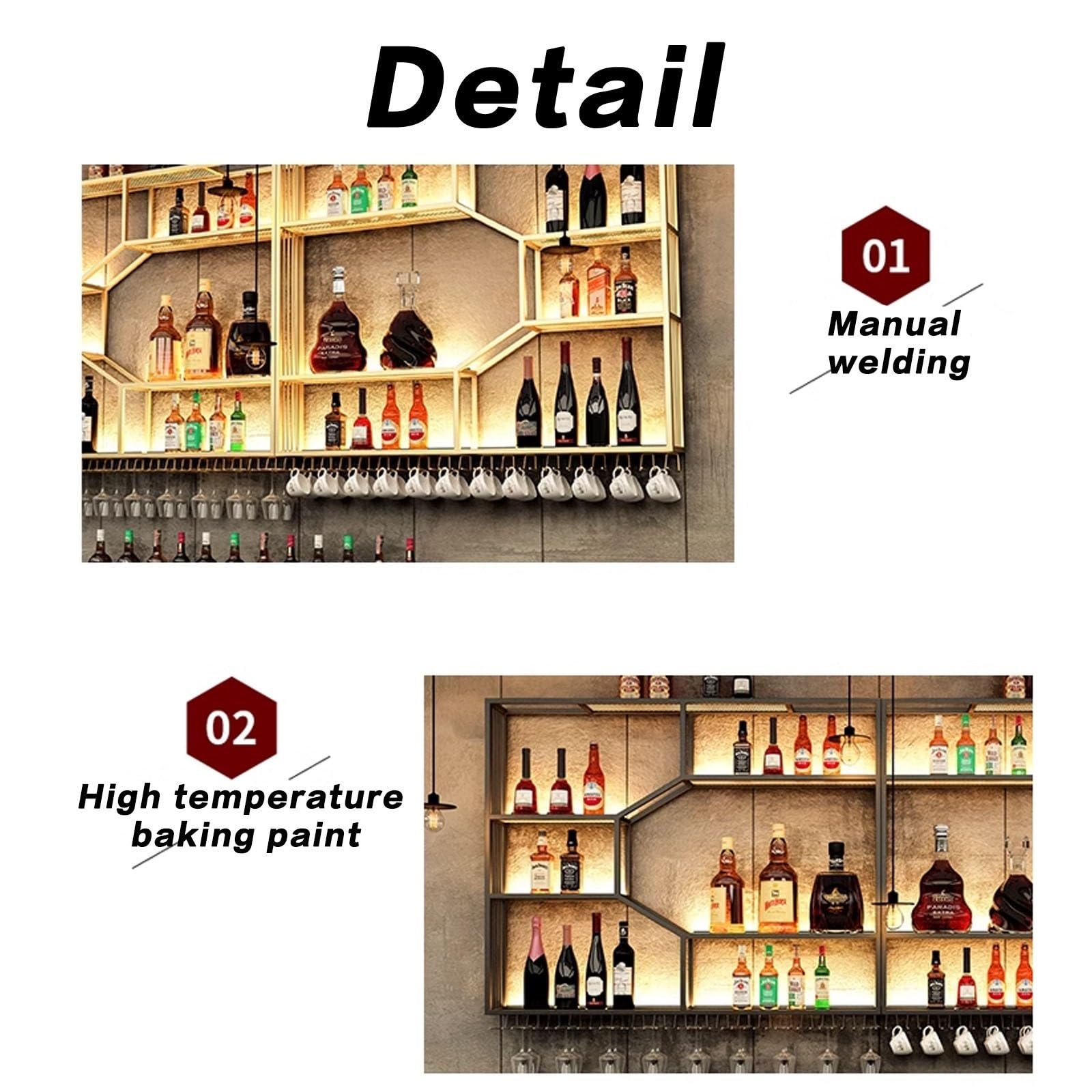 Portabottiglie da parete a LED, in metallo, con mensole e supporto per vino galleggiante, per cucina e bar di casa, elegante design nero, perfetto per gli amanti del vino e l'intrattenimento