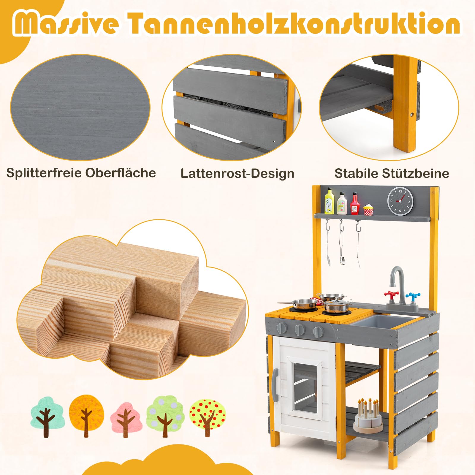 DREAMADE Spielküche aus Holz, Matschküche Outdoor mit Herd & Geräuschen, Kinderküche mit Spüle, Wasserhahn, Ofen & 7 Zubehör, Spielzeugküche für Kinder ab 3 Jahren
