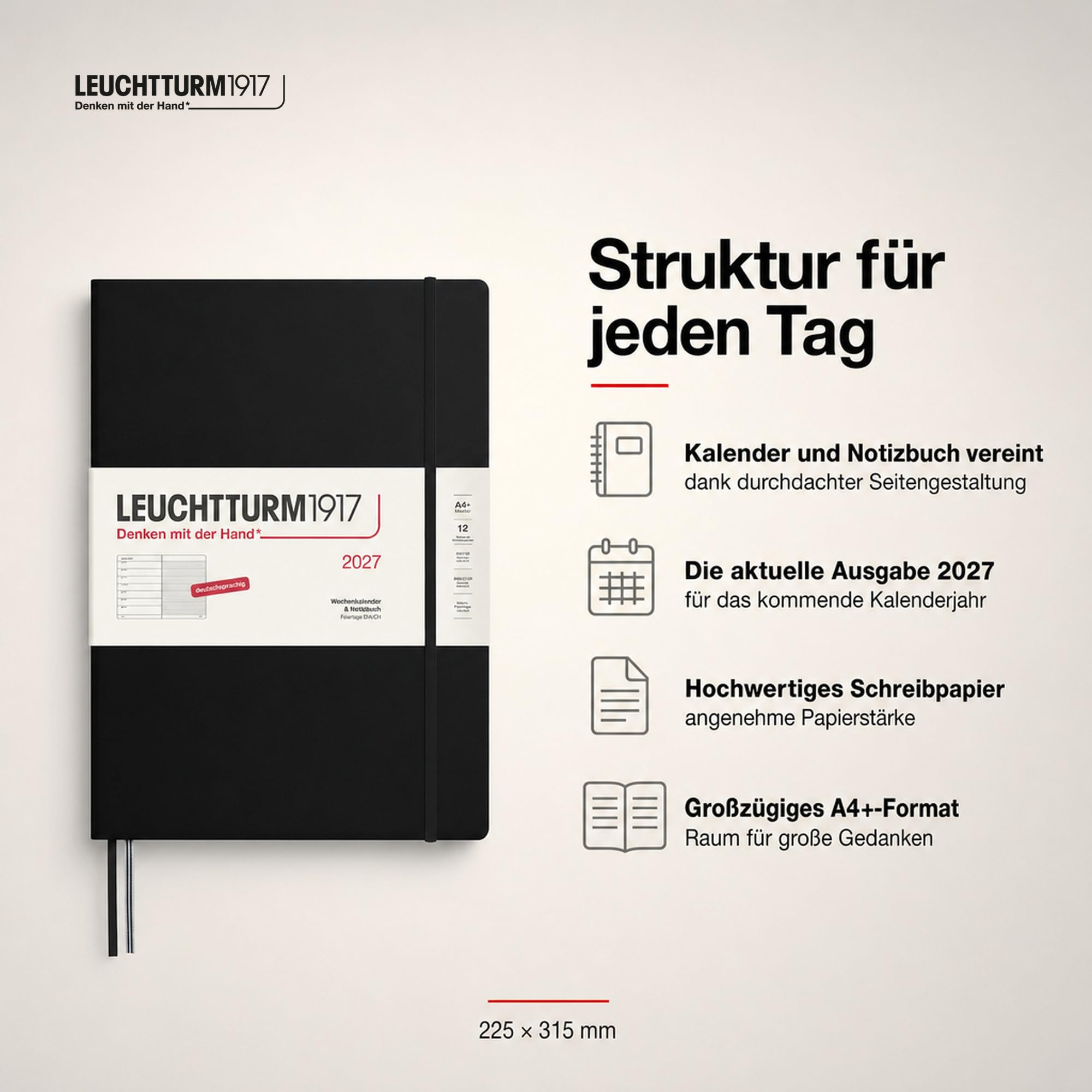 LEUCHTTURM1917 Agenda 2027 A4+ (Master) con cuaderno - Planificador alemán, negro, enero-diciembre 2027, vista semanal a la izquierda + página de notas a la derecha