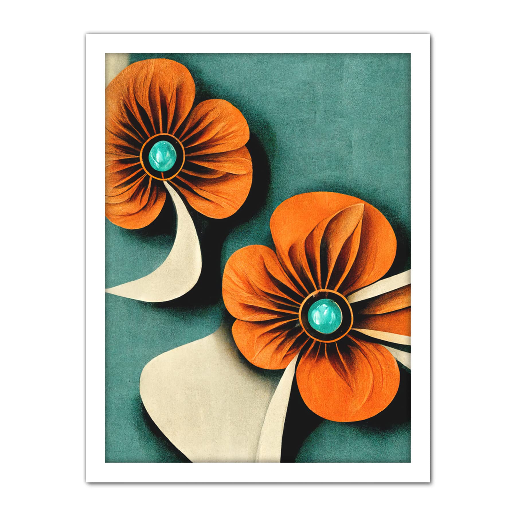Doppelganger33 LTD Abstract Papercut Orange And Cream Flowers On Teal Artwork Framed Wall Art Print 18X24 Inch