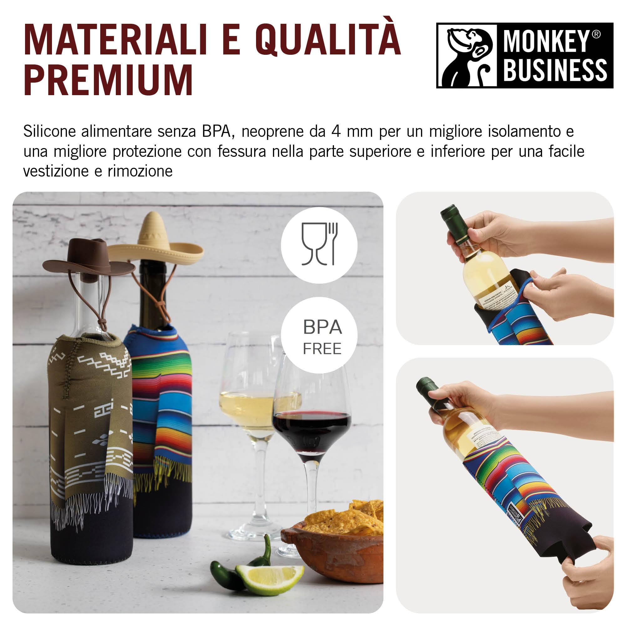 Monkey Business Gift Set per Amanti del Vino – 2 Tappi in Silicone + 2 Poncho in Neoprene per Bottiglie 750 ml – Isolamento per Bottiglia Aperta + Tema Wild West