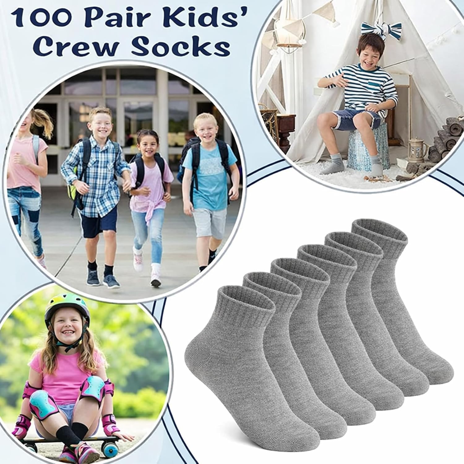 Hanaive Bulk 100 Pair Kids Crew Socks Unisex Stretch Cotton Socks Soft for Childrens Toddlers Youth Homeless Gifts Age 5-10