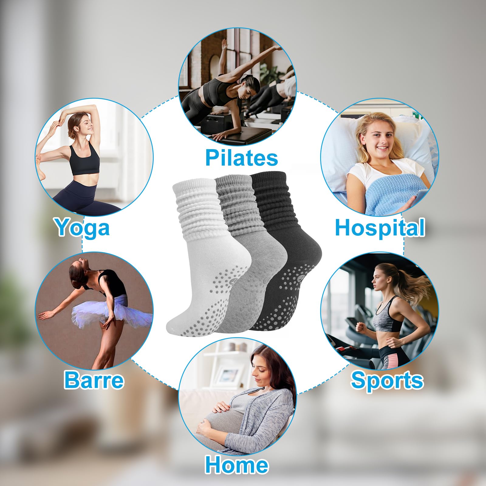 3 pares de calcetines de yoga antideslizantes para mujer, calcetines deportivos de algodón, calcetines largos con agarres de silicona para pilates, yoga, baile, gimnasio, fitness en casa