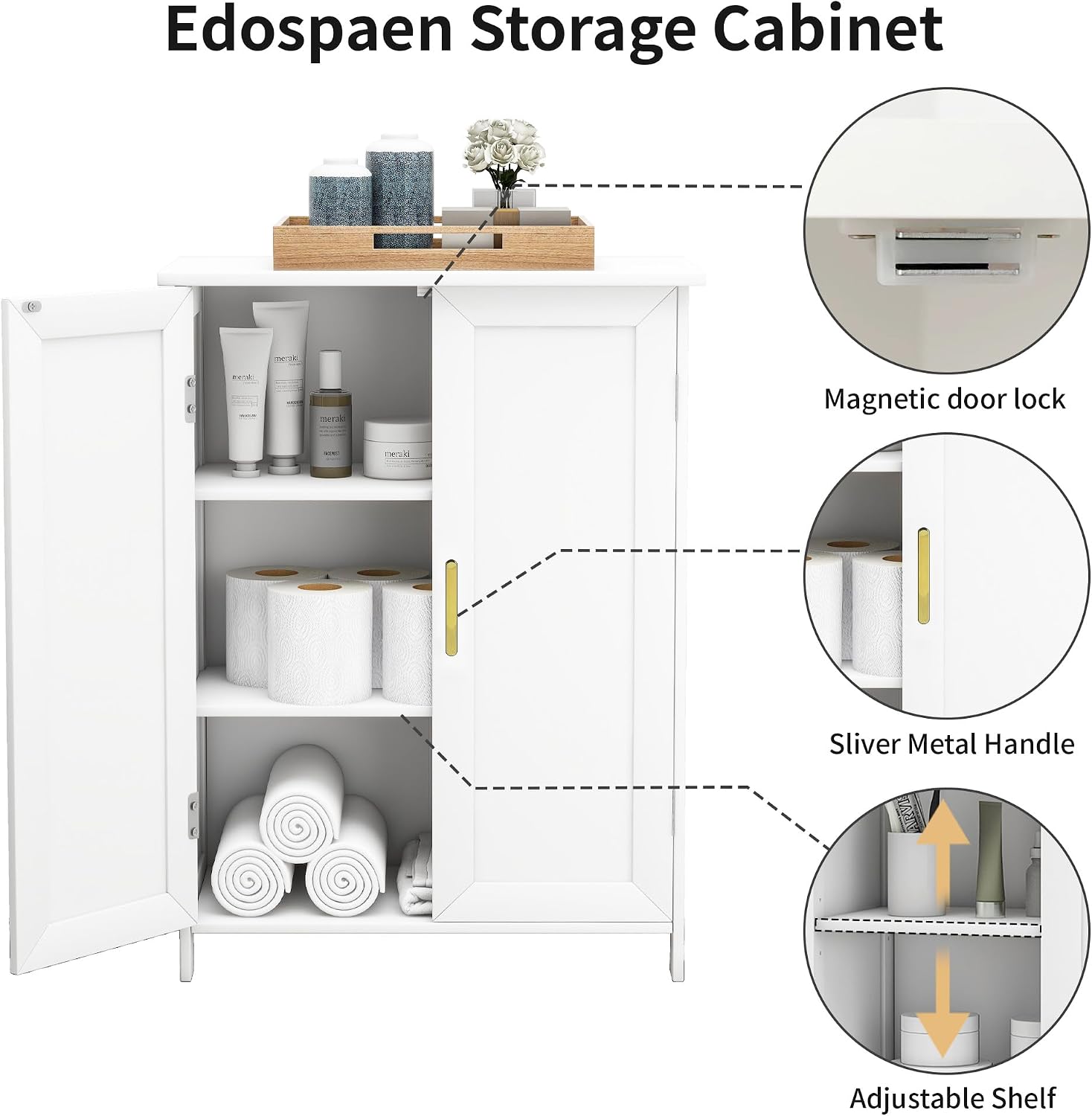 Bathroom Floor Storage Cabinet Freestanding Organizer with 2 Doors, White thumbnail