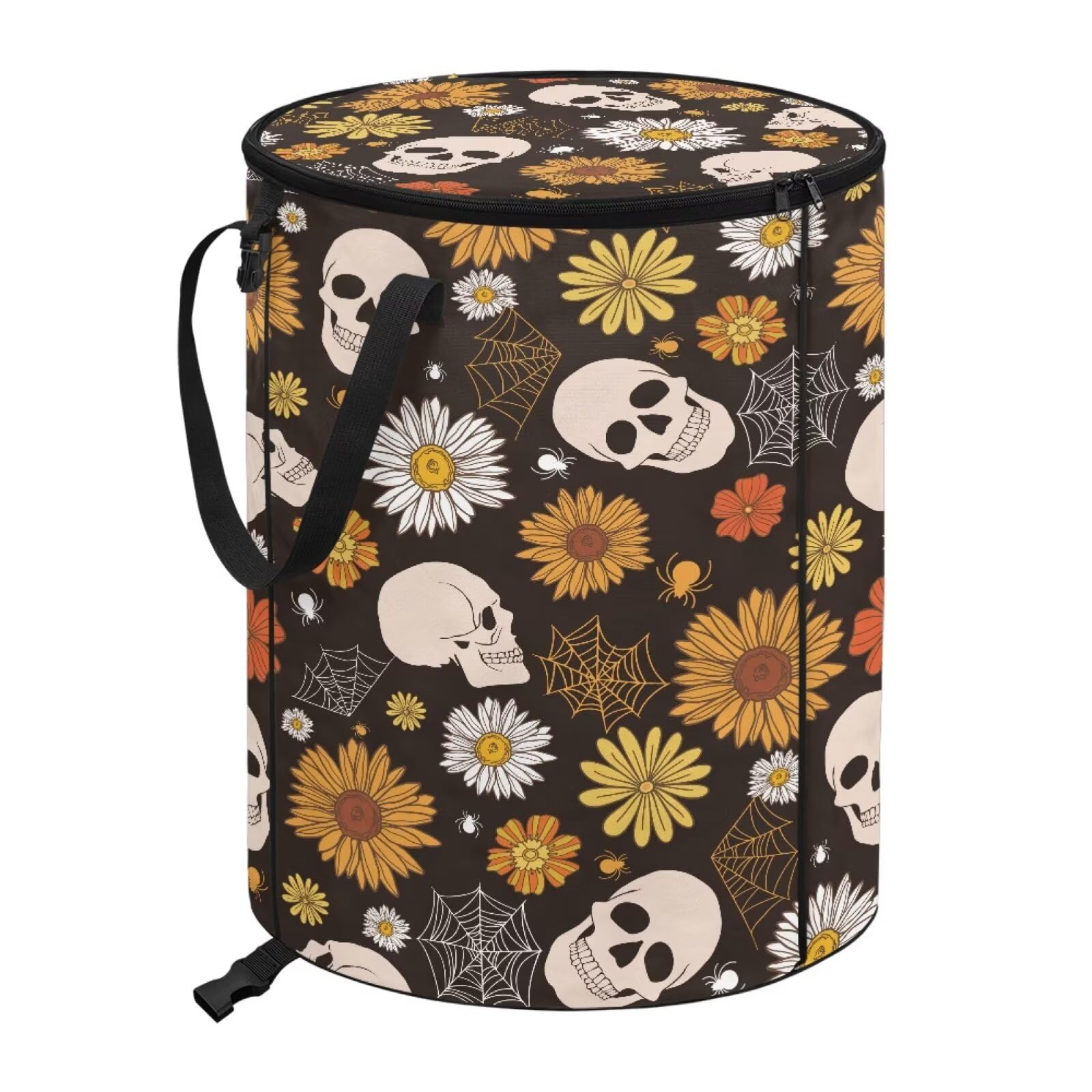 BIGCARJOB Sunflower Skull Foldable Trash Can Outside Waste Basket Bin Water Resistant Garbage Bag Recycling Bin Trash Can with Lid and Clip, 22.83x17.71 in