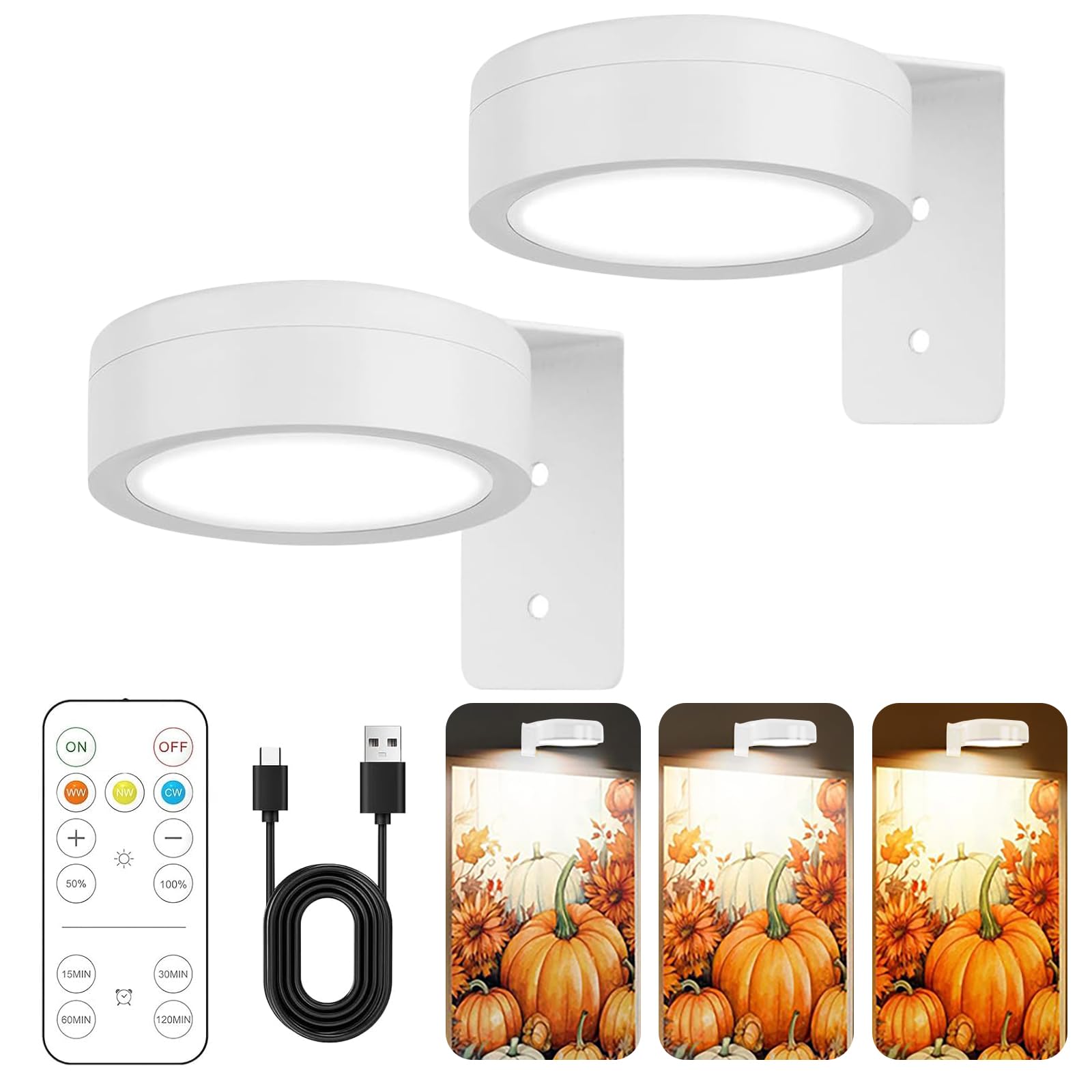 Lot de 2 lampes magnétiques sans fil avec 3 modes d'éclairage - Spot LED sans fil - Avec télécommande et minuterie - Pour peinture photo - Blanc