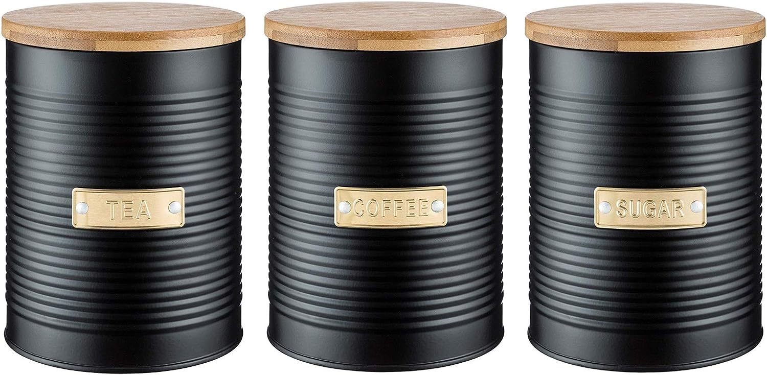 Home Deco London Tea Coffee and Sugar Set of 3 Round Containers Perfect for Storing | Airtight Kitchen with Bamboo Lid 1 Litre (Black Tea, Coffee & Sugar Storage Set)