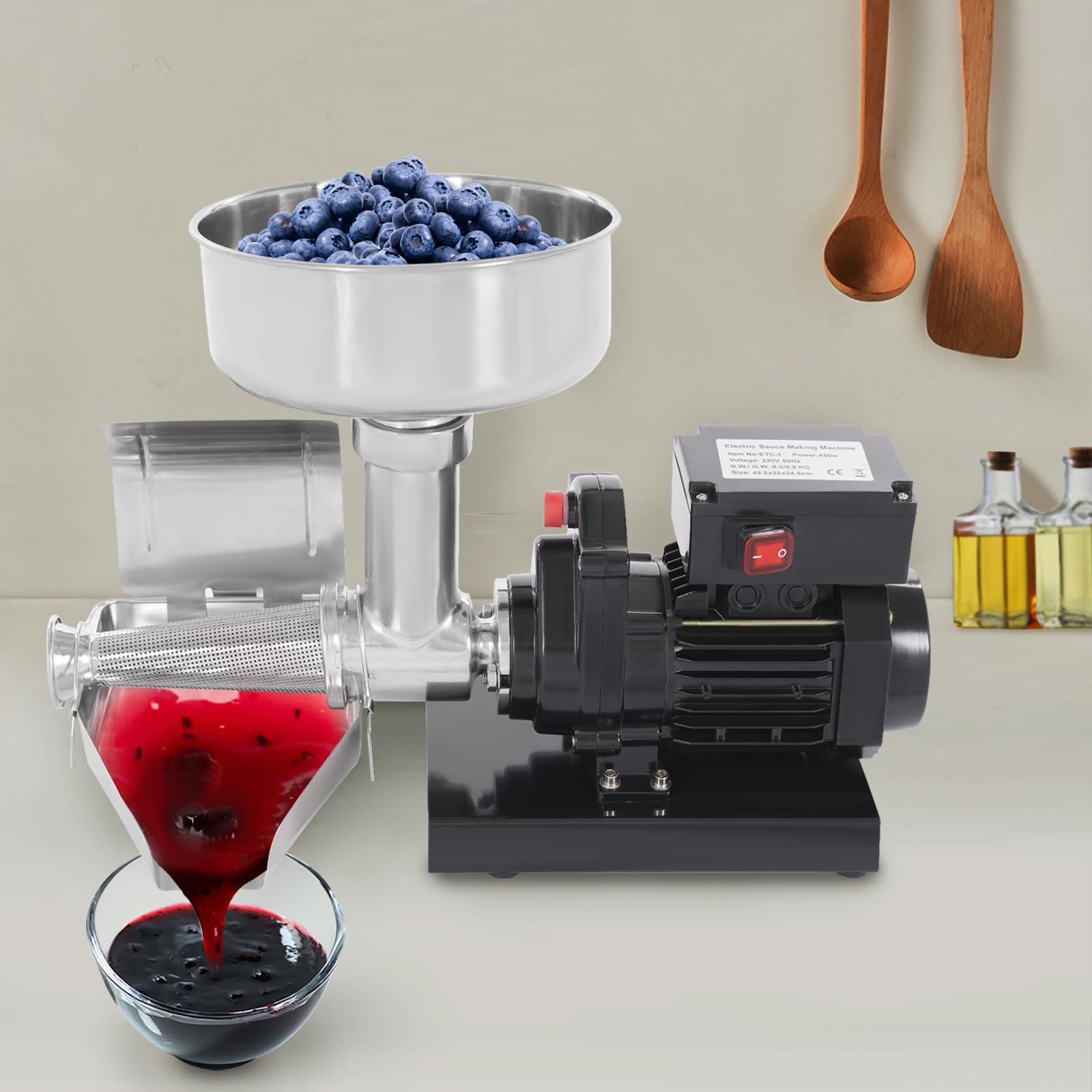 Elektrische Tomatenpresse 450W Edelstahl, Passiermaschine Für Tomatensauce, Erdbeersauce, Blaubeersauce, Leistungsstarke Tomatenpresse, Schwarz Silber