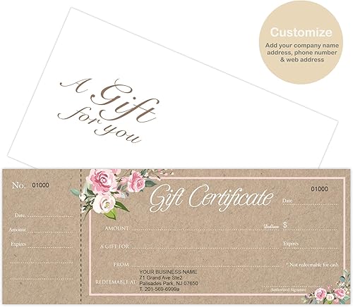 Miniatura 2 de Tarjetas de regalo personalizadas con sobres 100 unidades, Rose Kraft, certificados de regalo para pequeñas empresas