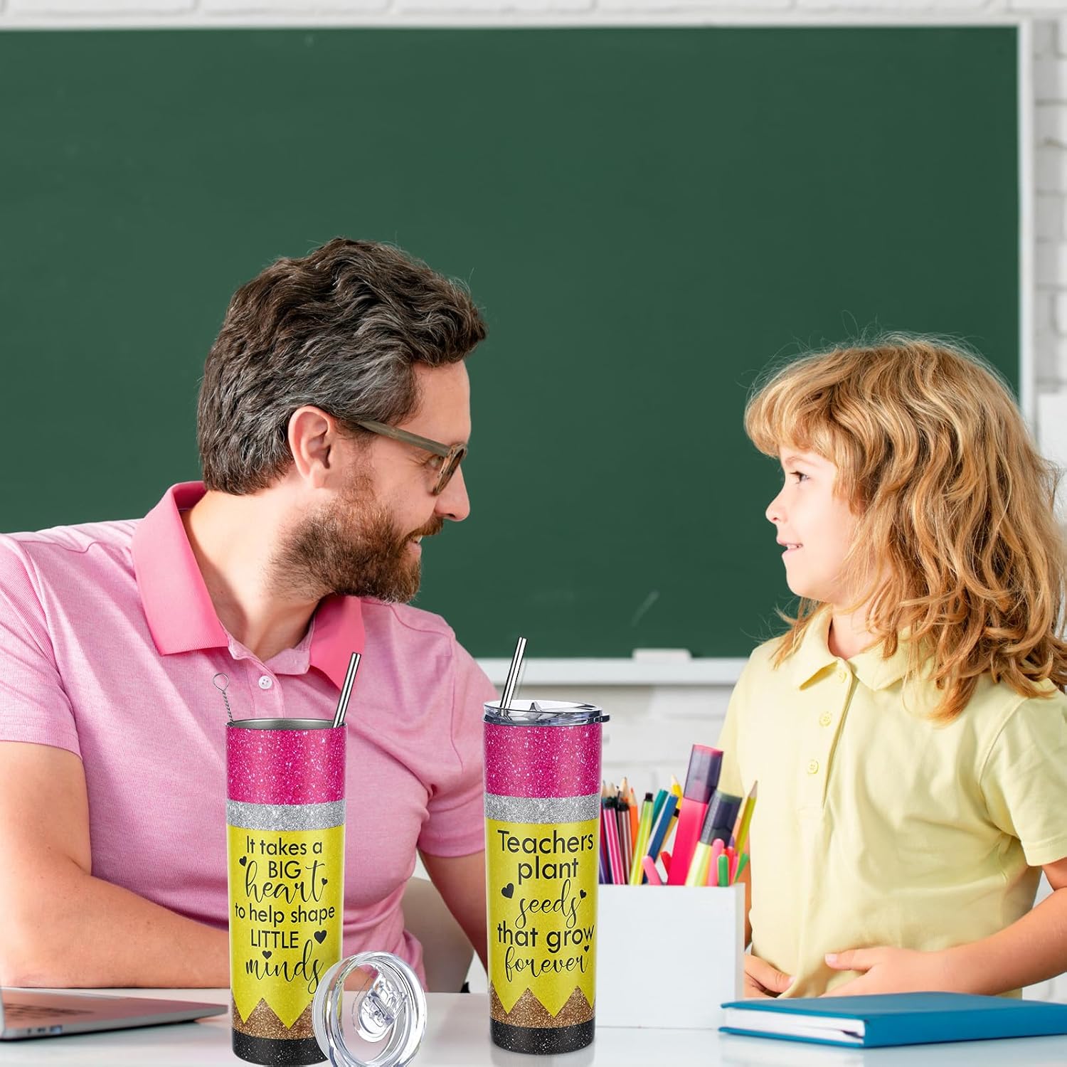 4 Pcs Teacher Gifts Teacher Appreciation Gifts Bulk 20oz Thank You Pencil Coffee Cup Stainless Steel Tumblerwith Lid for Women Birthday Party Favors - Image 7