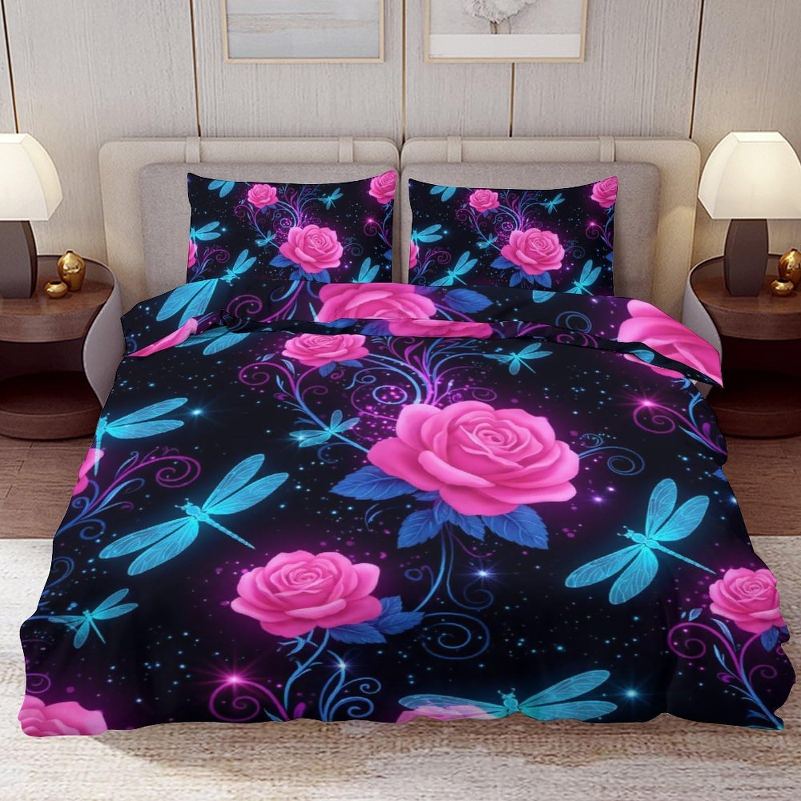 Delerain Comforter Cover Set Full Size, Fantasy Blue Dragonfly Rose 3-Piece Bedding Set for Boys Girls Teens Modern Soft Microfiber Bedroom Set Room Decor, 1 Duvet Cover + 2 Pillowcases