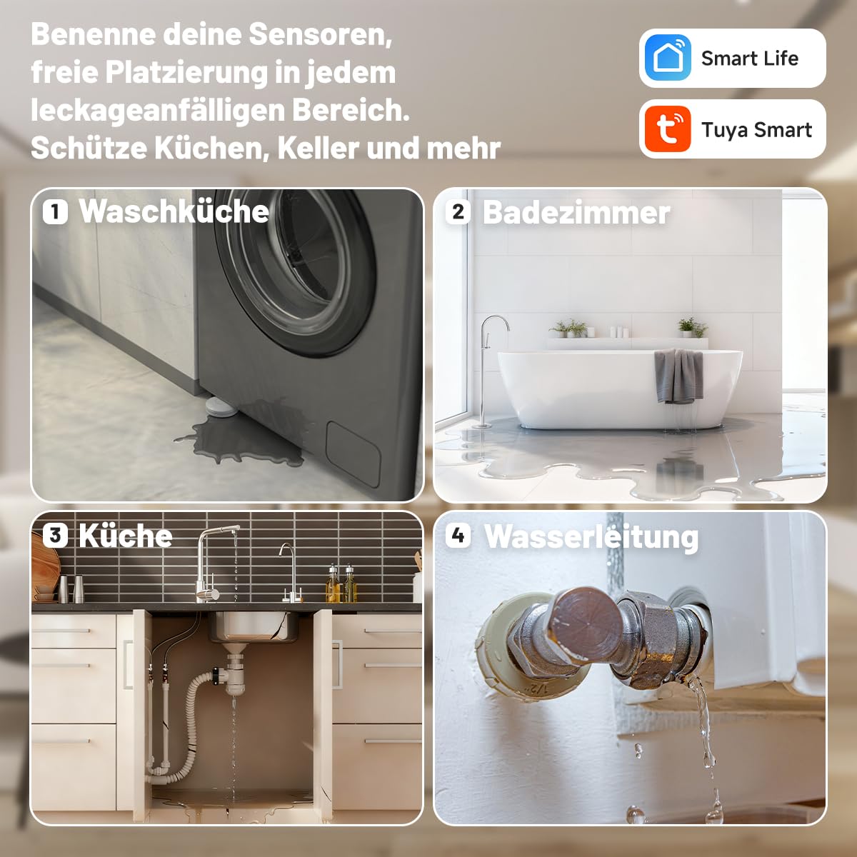 Smart WiFi Wasserleck-Detektor-Kit, 3 Sensoren, Basisstation mit 100dB verstellbarem Alarm, App-Benachrichtigungen, RF 300m/984ft für Keller/Badezimmer/Waschküche