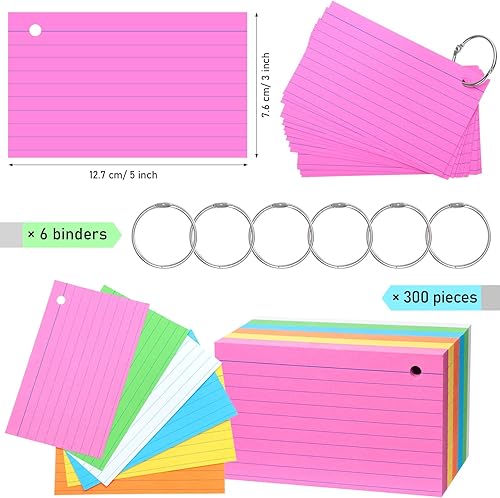 Miniatura 9 de 300 tarjetas de índice de colores con 6 anillos de 180 GSM, tarjetas de estudio de color neón grueso de un solo agujero, tarjetas de notas de