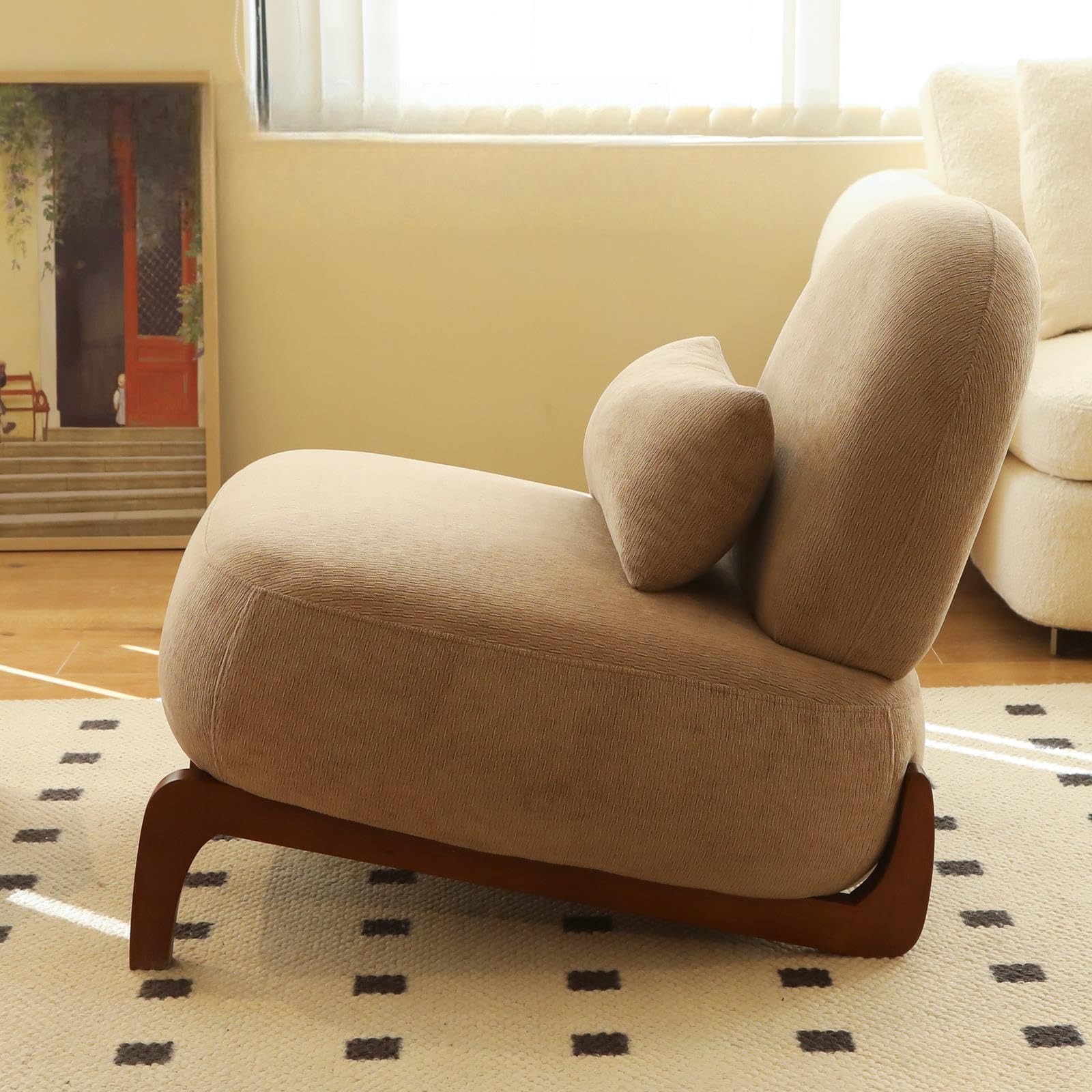 Poltrona Decorativa in Velluto, Gambe in Legno, Camel, 86.9x72.1x69.9 cm
