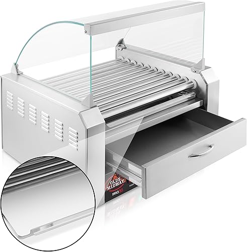 Miniatura 4 de Olde Midway Máquina eléctrica de 30 Hot Dog 11 Roller Grill Cooker Machine con cajón de calentamiento de bollos y tapa, grado comercial, acero