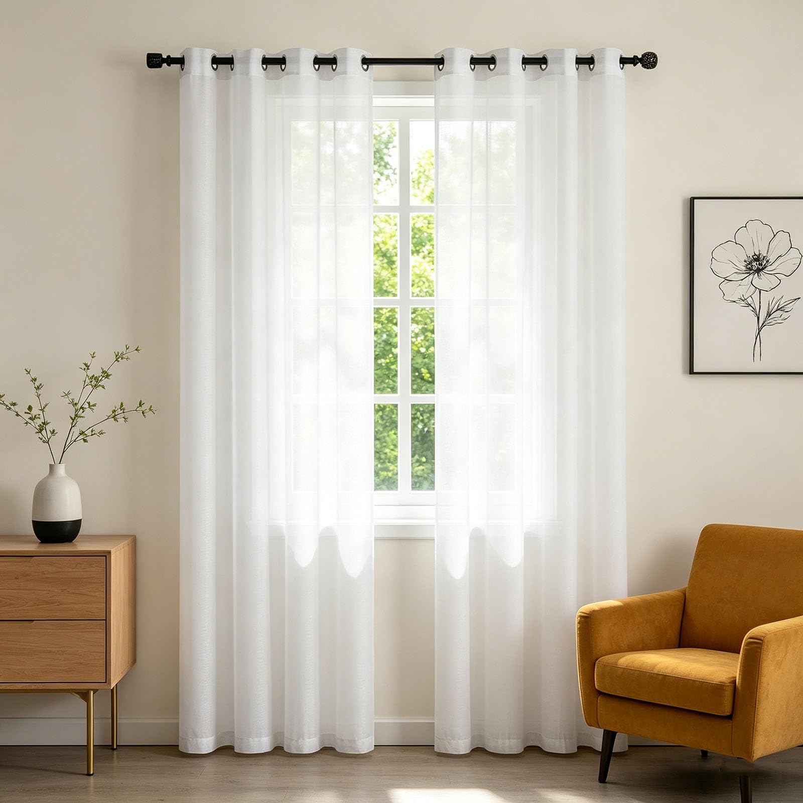 Półprzezroczyste Zasłony Z Przelotkami Na Górze 205 x 200 cm Miękka W Dotyku Lniana Zasłona Z Plisą Ołówkową Z Przelotkami Woal Z Imitacją Lnu Do Salonu, Biały