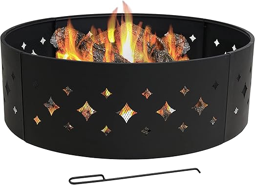 Sunnydaze 36-Inch Outdoor Fire Pit Ring with Poker - Round Heavy-Duty Steel Fire Ring for Camping or Backyard - Diamond - 10" H