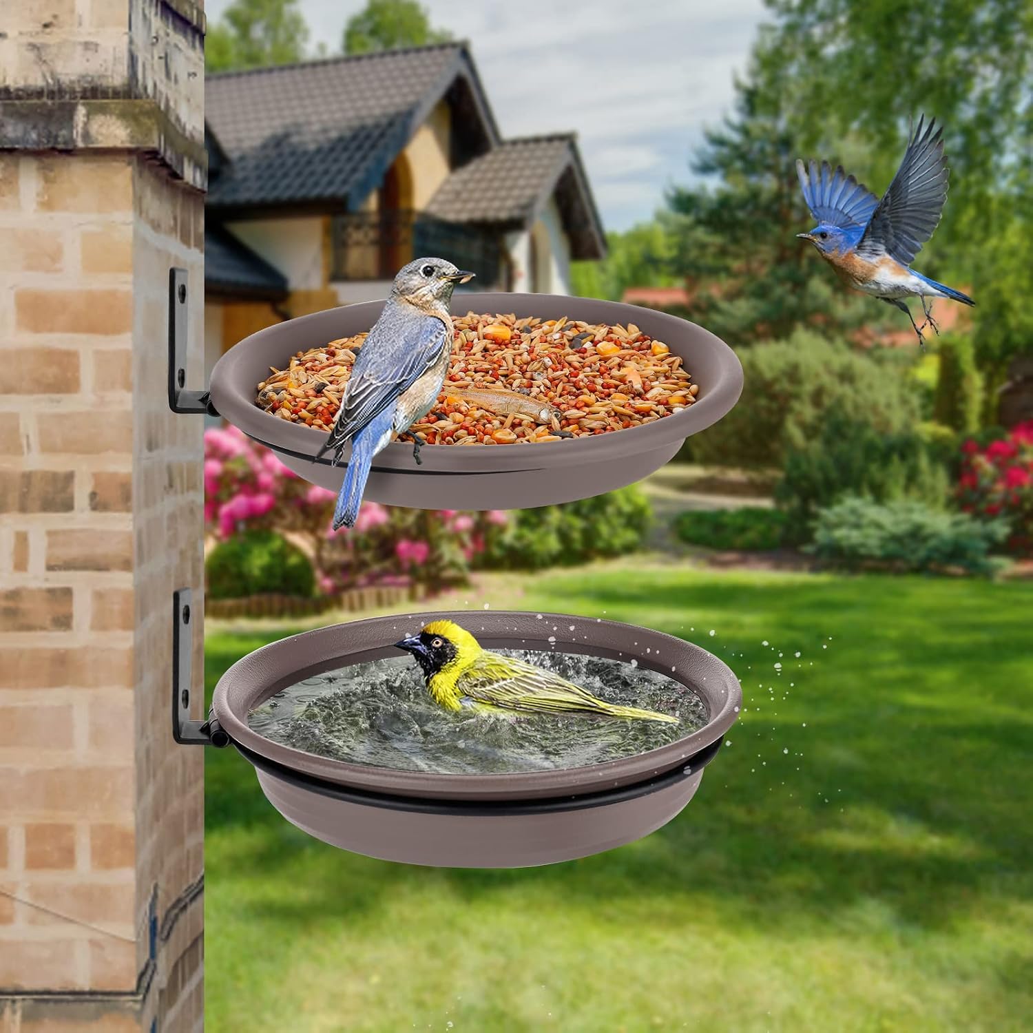 2 Bird Trays Tree Mounted for Bird Feeder Bird Bath Bowl, Installed on Wooden Fence Wall Tree Deck Stakes with Heavy Duty Iron Ring, 8.3'' in Dia of Different Depths (Grey)