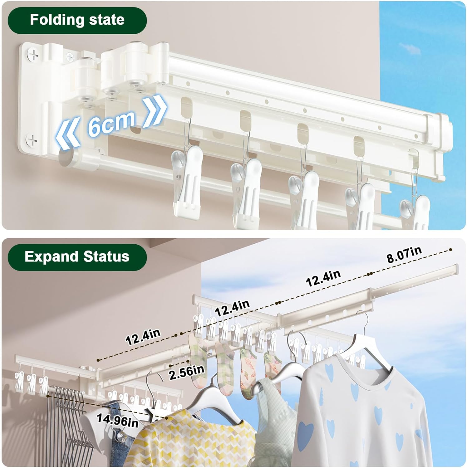 Clothes Drying Rack,2025 New Upgraded Laundry Drying Rack, Sturdy Wall Mounted Clothes Rack,with Additional 4 Branches and 20 Clips,Collapsible,Retractable,Ideal for Patio,Laundry,Bathroom