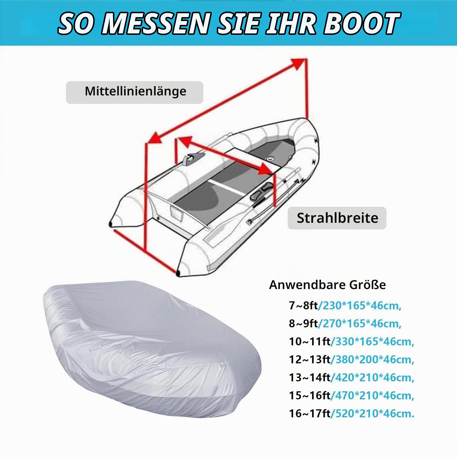 Schlauchboot Abdeckung 7 Größen Schlauchboote Abdeckung UV-beständig Bootsplane Wasserdicht für kleine Schlauchboote und Festrumpfschlauchboote,380 * 200 * 46cm