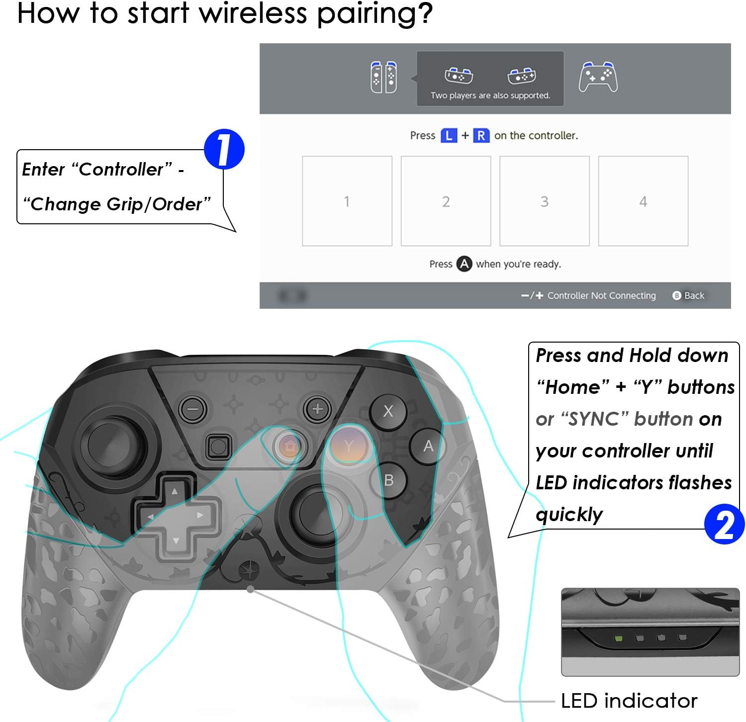 Wireless Pro Controller Compatible with Switch and Switch Lite, with 1200 mAh Rechargeable Battery, Dual Vibration, NFC, Wake Up and 6-Axis Gyro Function