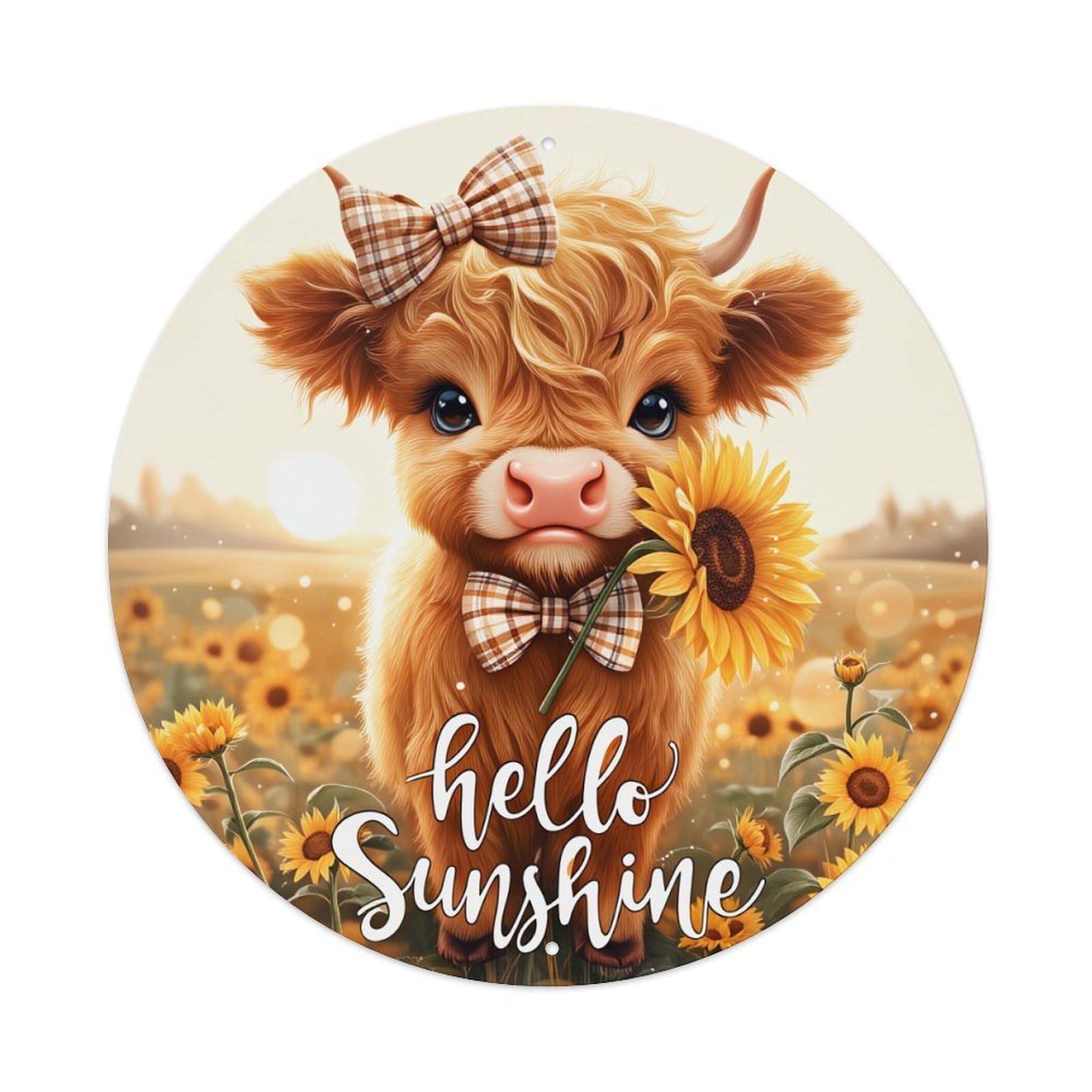 Sunflower Cow Bow Tie Field Round Tin Sign Retro Metal Sign for Cafe Bar Pub Home Game Room Gym Club Wall Decoration Vintage Metal Poster 8x8 Inch