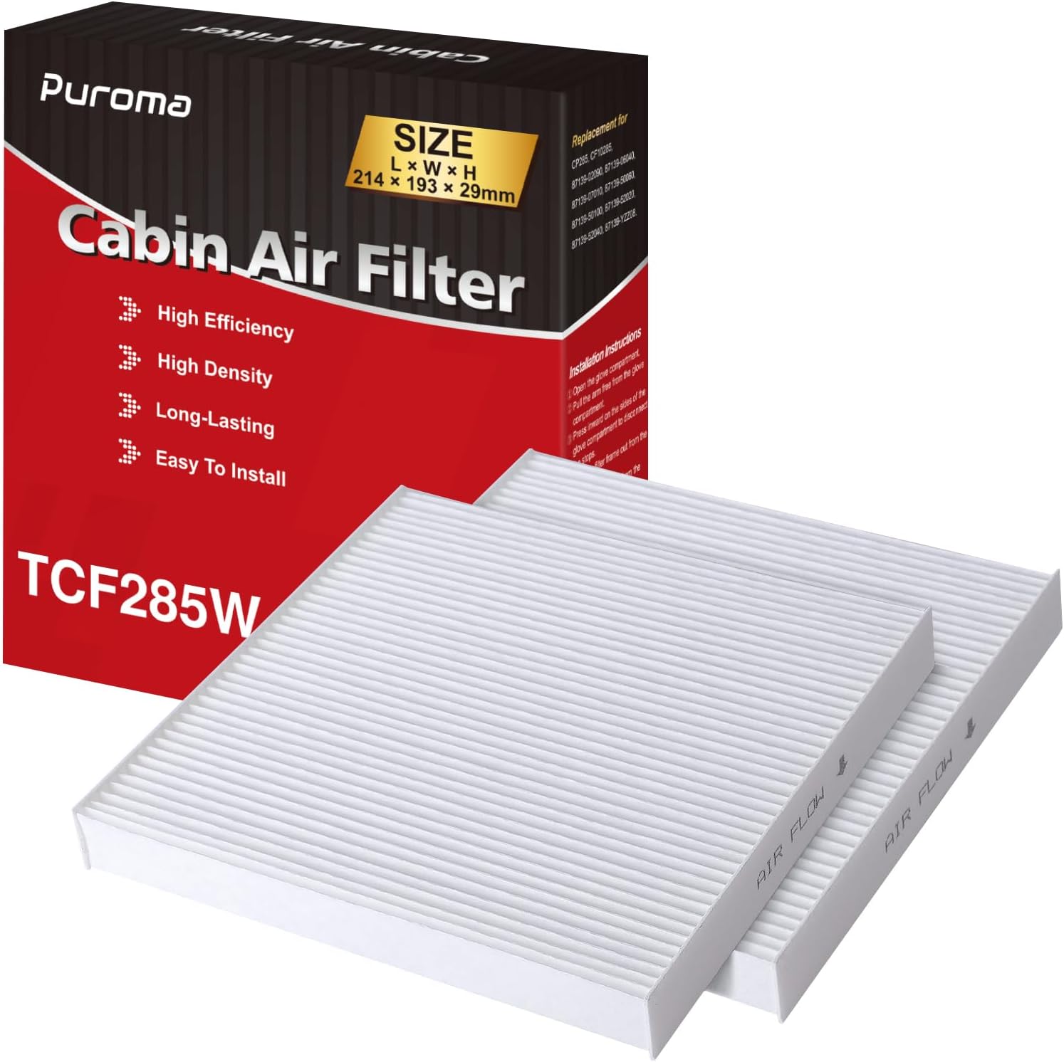 Puroma 2 Pack Cabin Air Filter with Multiple Fiber Layers Replacement for CP285, CF10285, Toyota Camry, RAV4, Highlander, Corolla, 4Runner, Tundra, Prius, Sienna, Lexus, Scion, Subaru, Jaguar