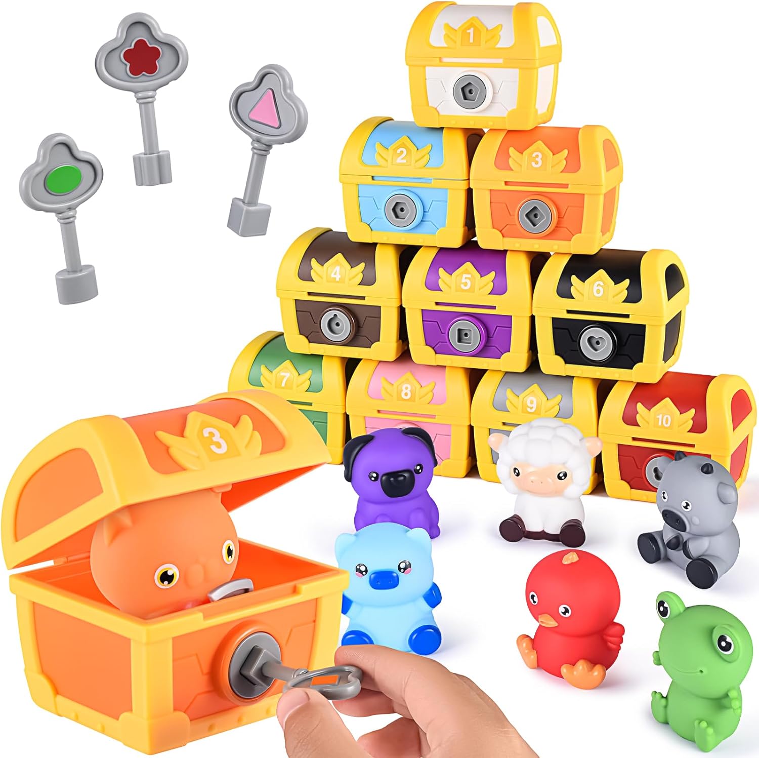 Montessori Learning Toys for Toddler 3 4 5, Surprise Treasure Box Locks with Keys,6 Animals Finger Puppets Number,Shape,Color Matching Sorting Game, Fine Moto Skill Develop Toy for Baby Boys Girls