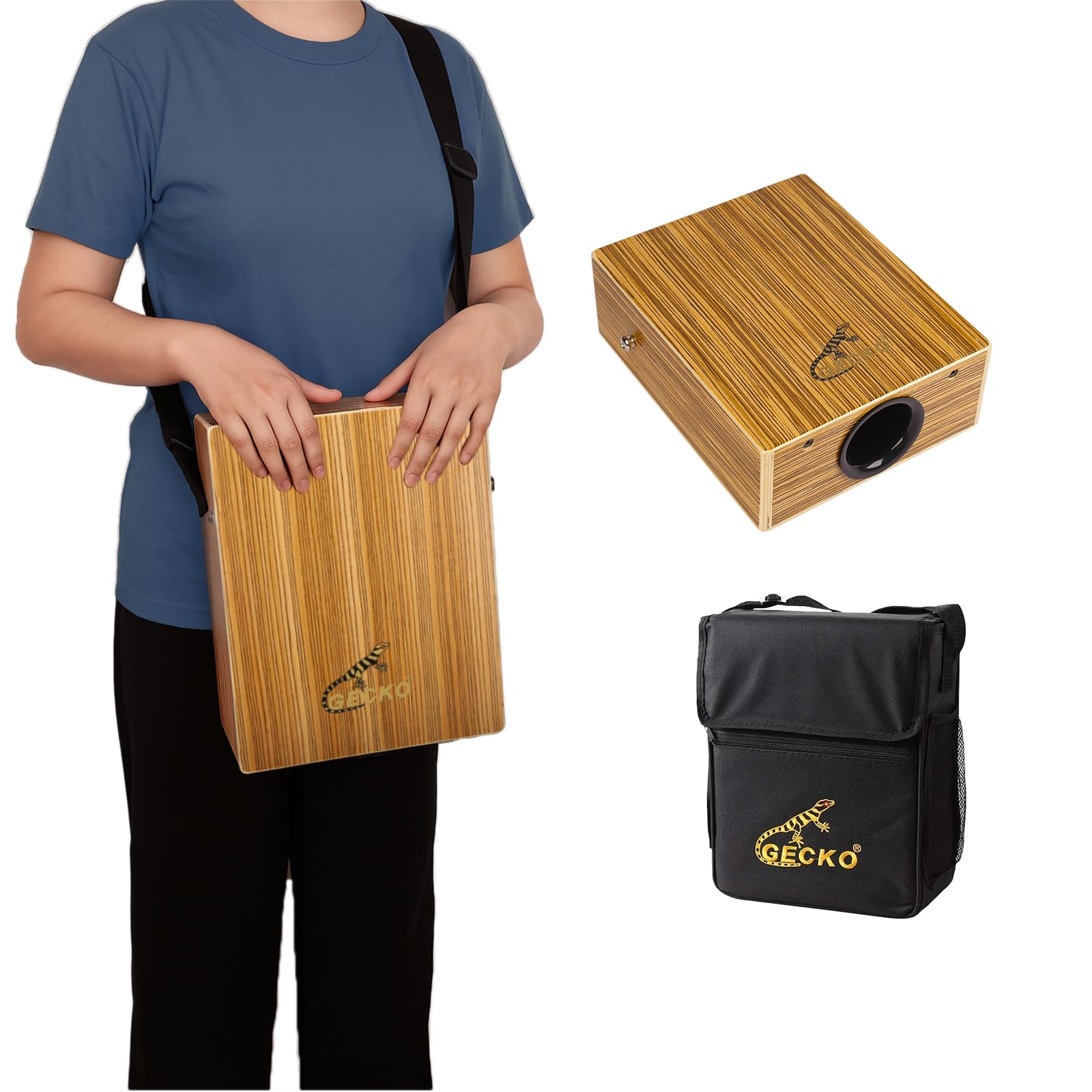 GECKO Travel Cajon Drum - Wooden Percussion Box Musical Instrument with Carrying Bag