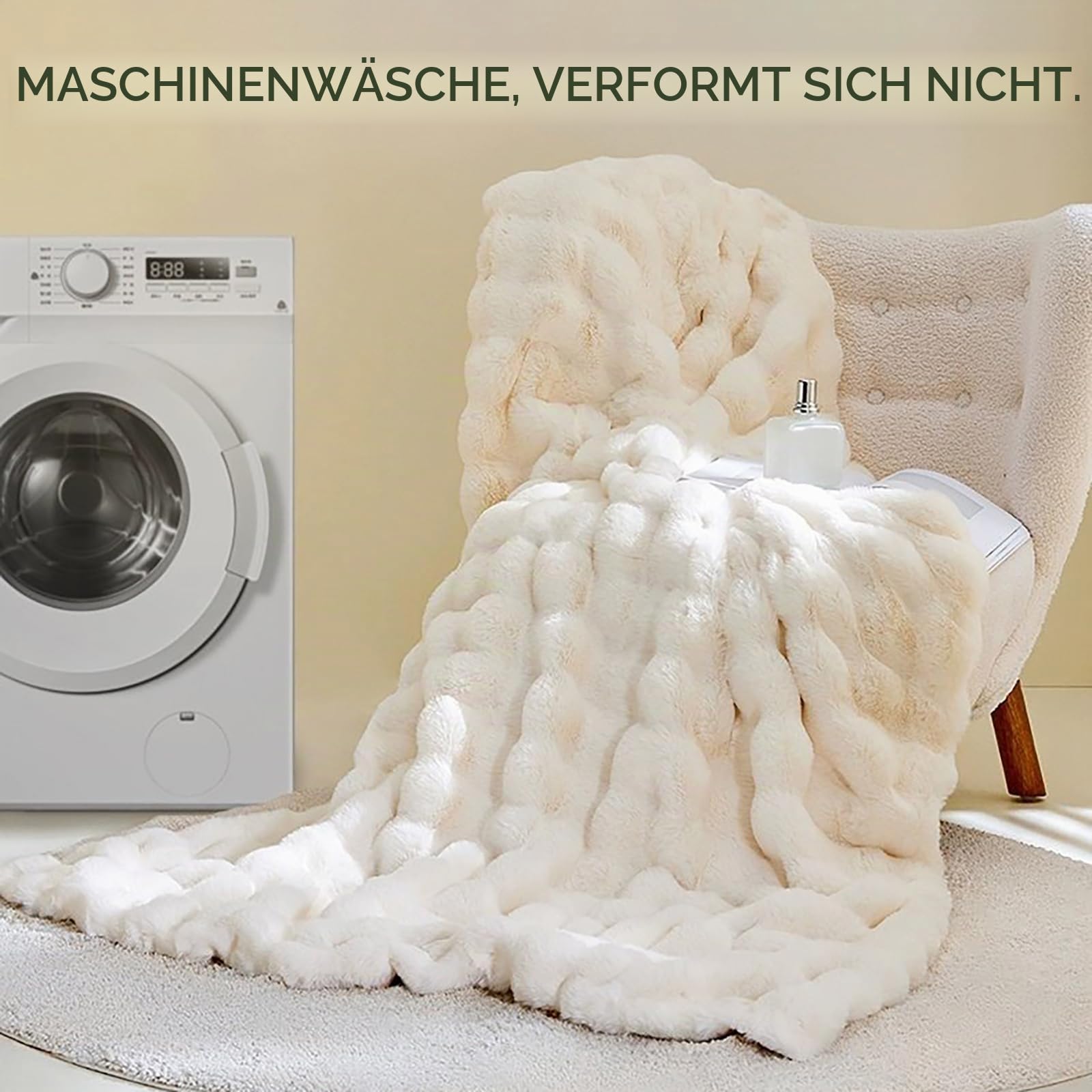Kunstpelz-Decke aus Kaninchenimitat, luxuriöse weiche warme Bubble-Decke für Bett, Couch, Sofa, Beige, 152 X 203 cm