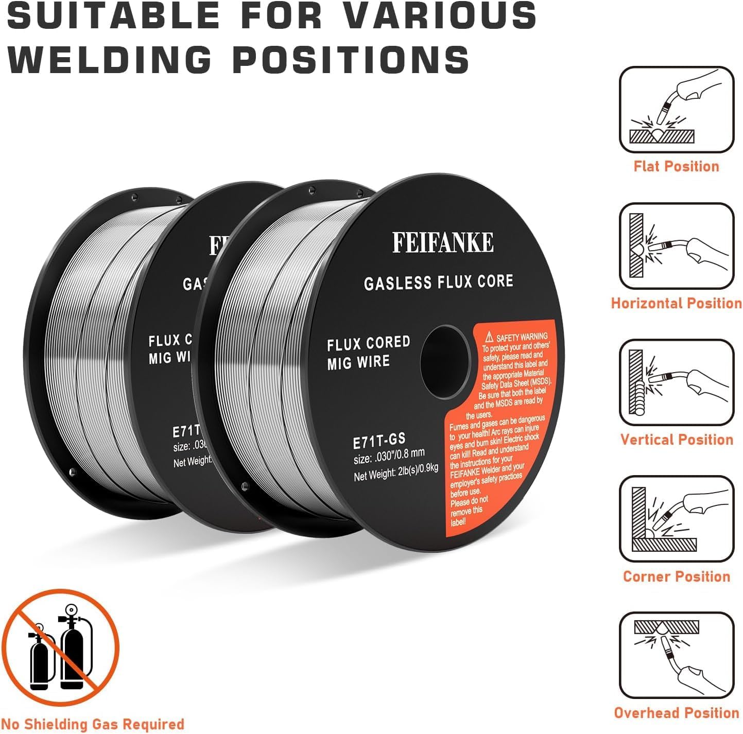 FEIFANKE Alambre de Soldadura 0,8 mm 3KG E71T-GS Hilo Soldar Sin Gas Para Máquina de Soldar, Rollo de Alambre D100,3 Pieza